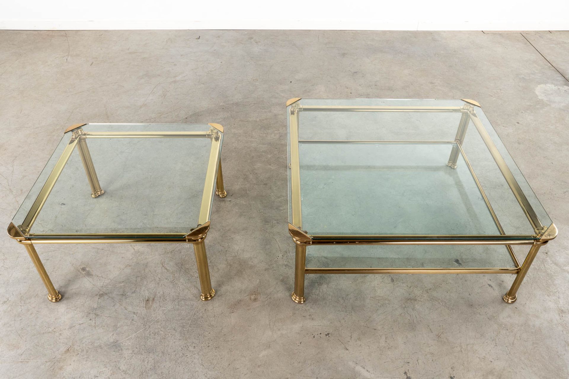A large and small coffee table, brass and glass. Signed Mara. Circa 1980. (D:90 x W:90 x H:38 cm) - Image 4 of 6