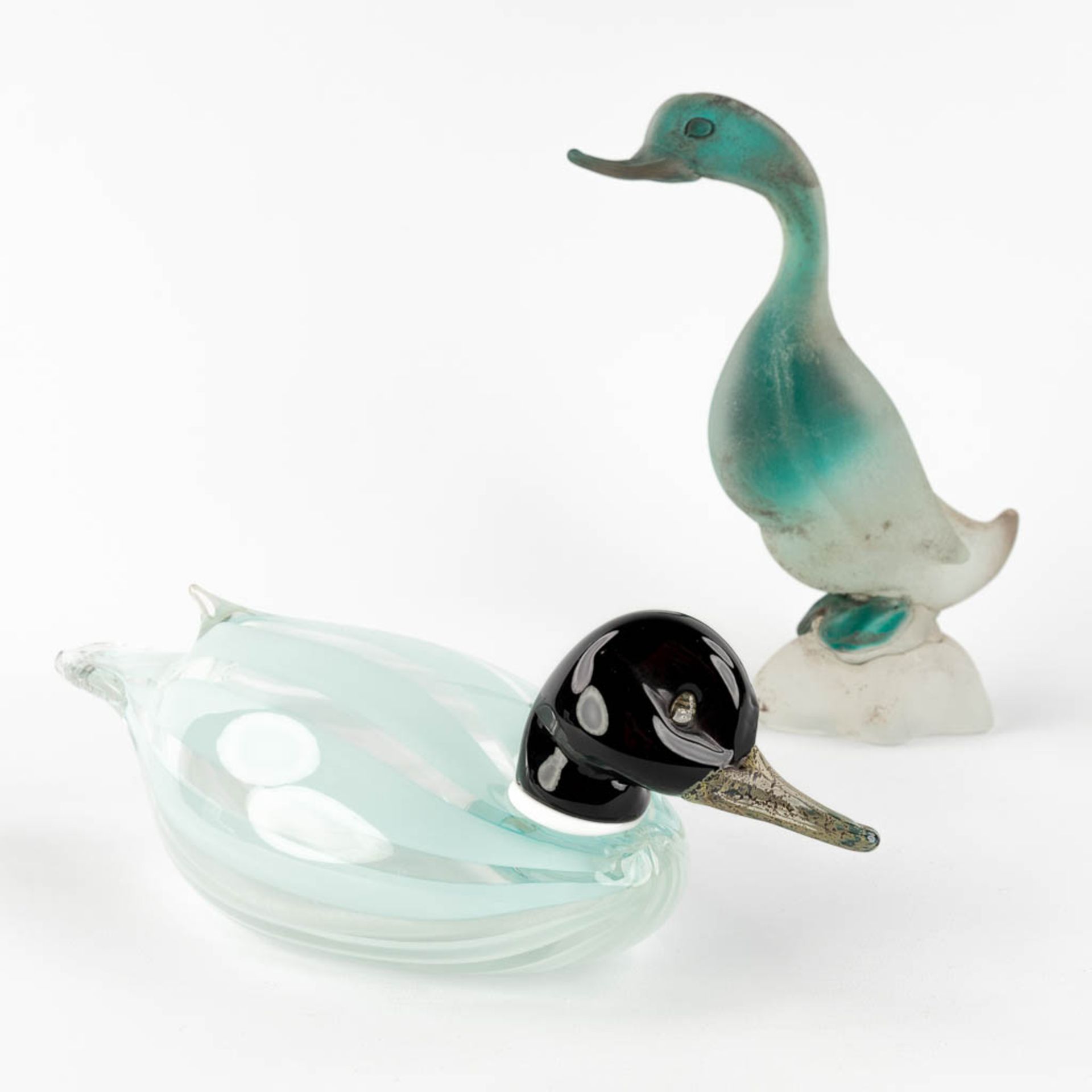 Two ducks, glass, Murano, Italy. Cenedese. (D:12 x W:30 x H:10 cm)