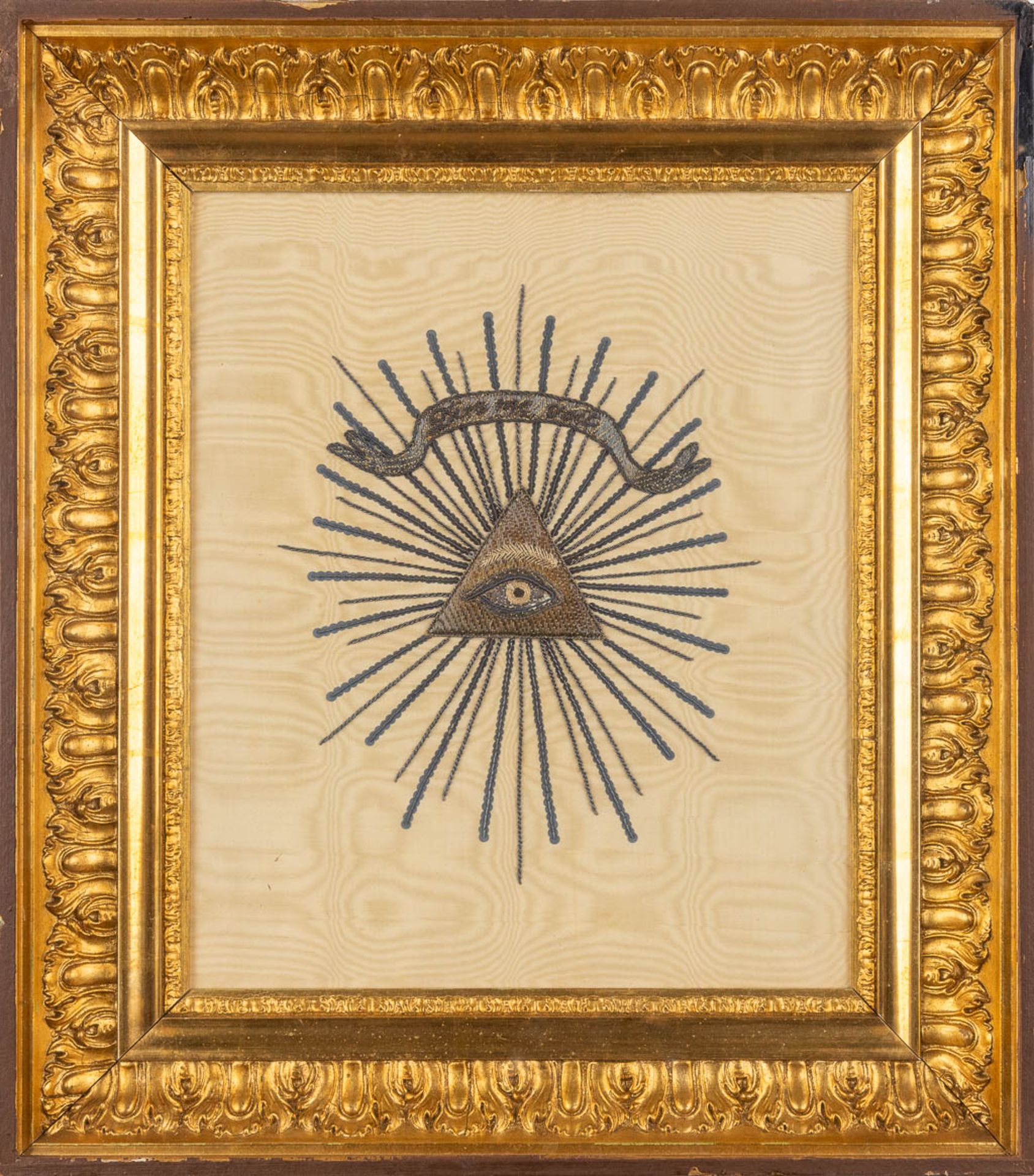 A framed embroidery, 'Deiu Me Voit', The Eye Of Providence. (W:37 x H:42 cm)