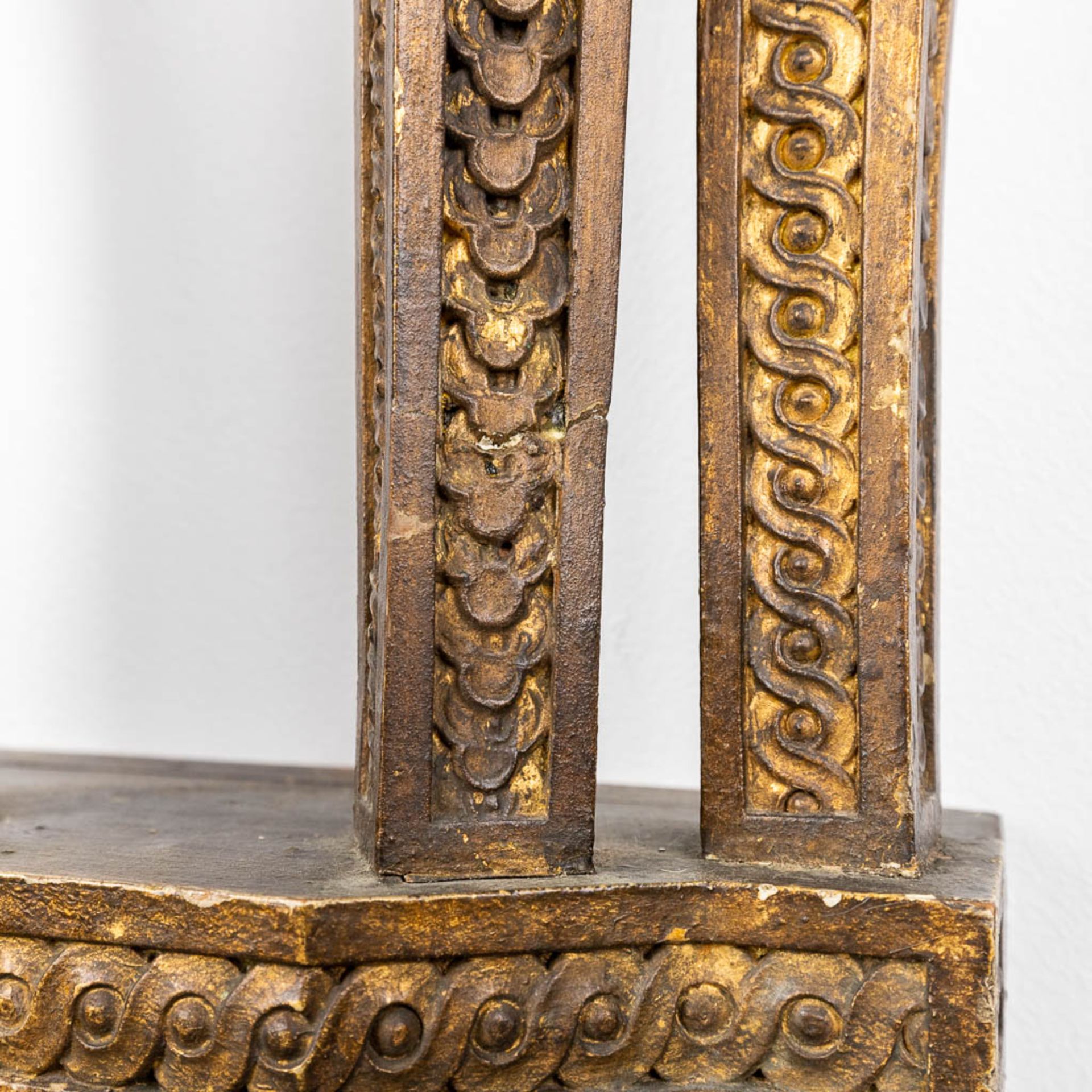 A console table with ram's heads, gilt and sculptured wood and a Carrara marble top. 19th C. (D:41 x - Image 13 of 15