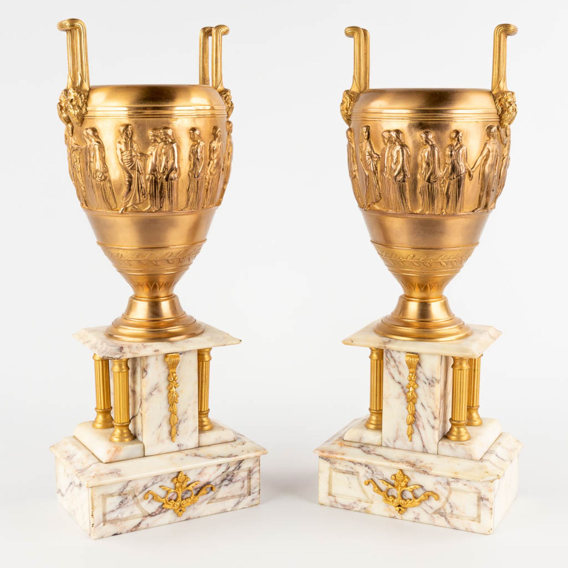 Ferdinand BARBEDIENNE (1810-1892) 'Neoclassical Cassolettes' gilt bronze on marble. (D:12 x W:18 x H