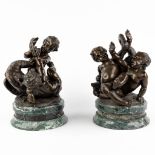 CLODION (1738-1814)(Attr.) Two pairs of putti with swans, patinated bronze on marble. (D:22 x W:22 x