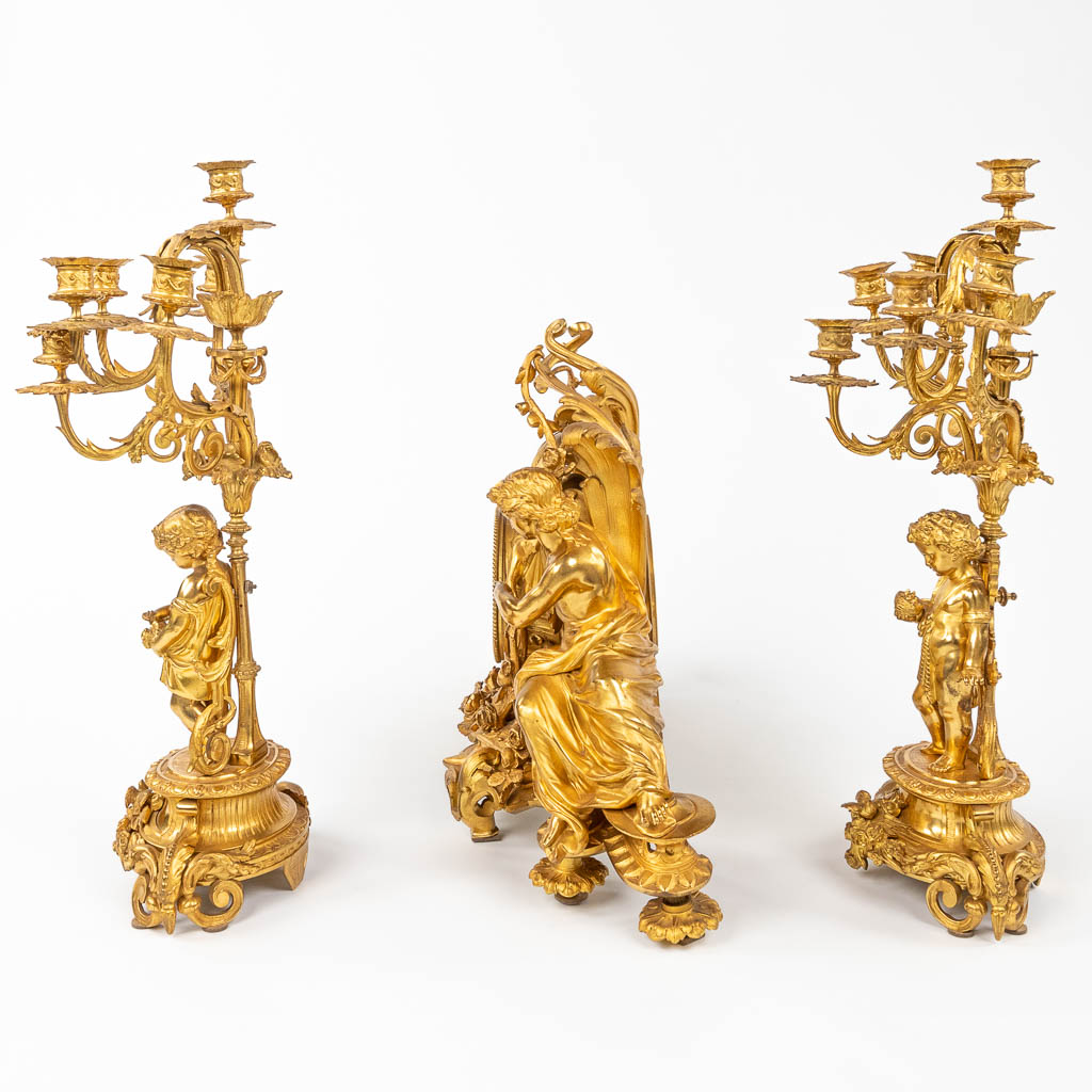 A fine three-piece mantle garniture, gilt bronze, reclined lady, man and candelabra with putti, 19th - Image 18 of 18