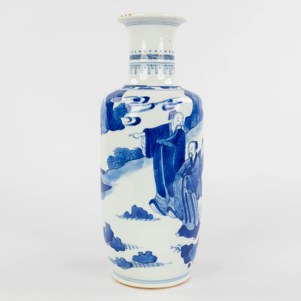 A Chinese vase decorated with blue-white figurines, 18th/19th C. (D:10,5 x W:10,5 x H:26 cm) - Image 3 of 12