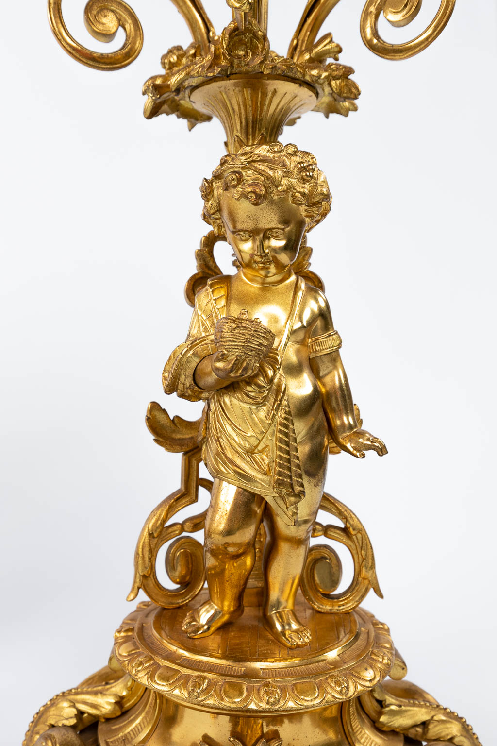 A fine three-piece mantle garniture, gilt bronze, reclined lady, man and candelabra with putti, 19th - Image 6 of 18