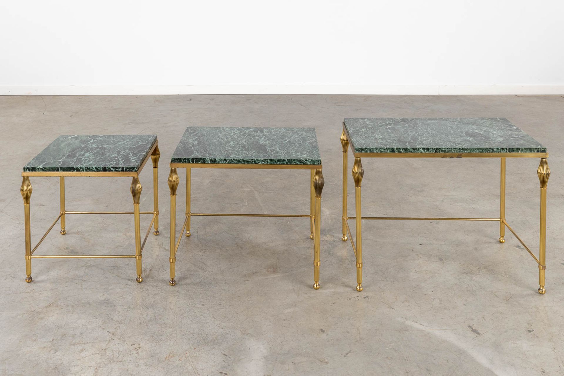 A three-piece set of nesting tables, gilt metal and a green marble. (D:37 x W:56 x H:45 cm) - Image 3 of 10