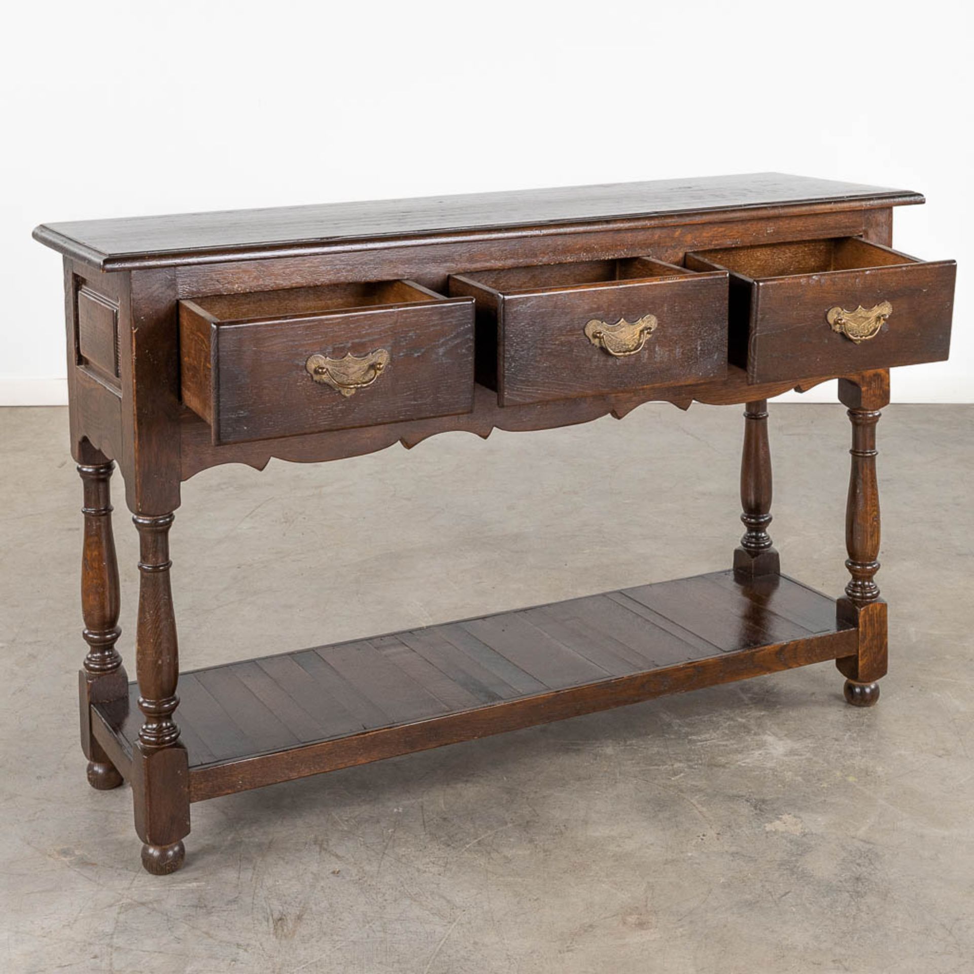 An English console table with 3 drawers. 20th C. (D:35 x W:120 x H:77 cm) - Image 3 of 8