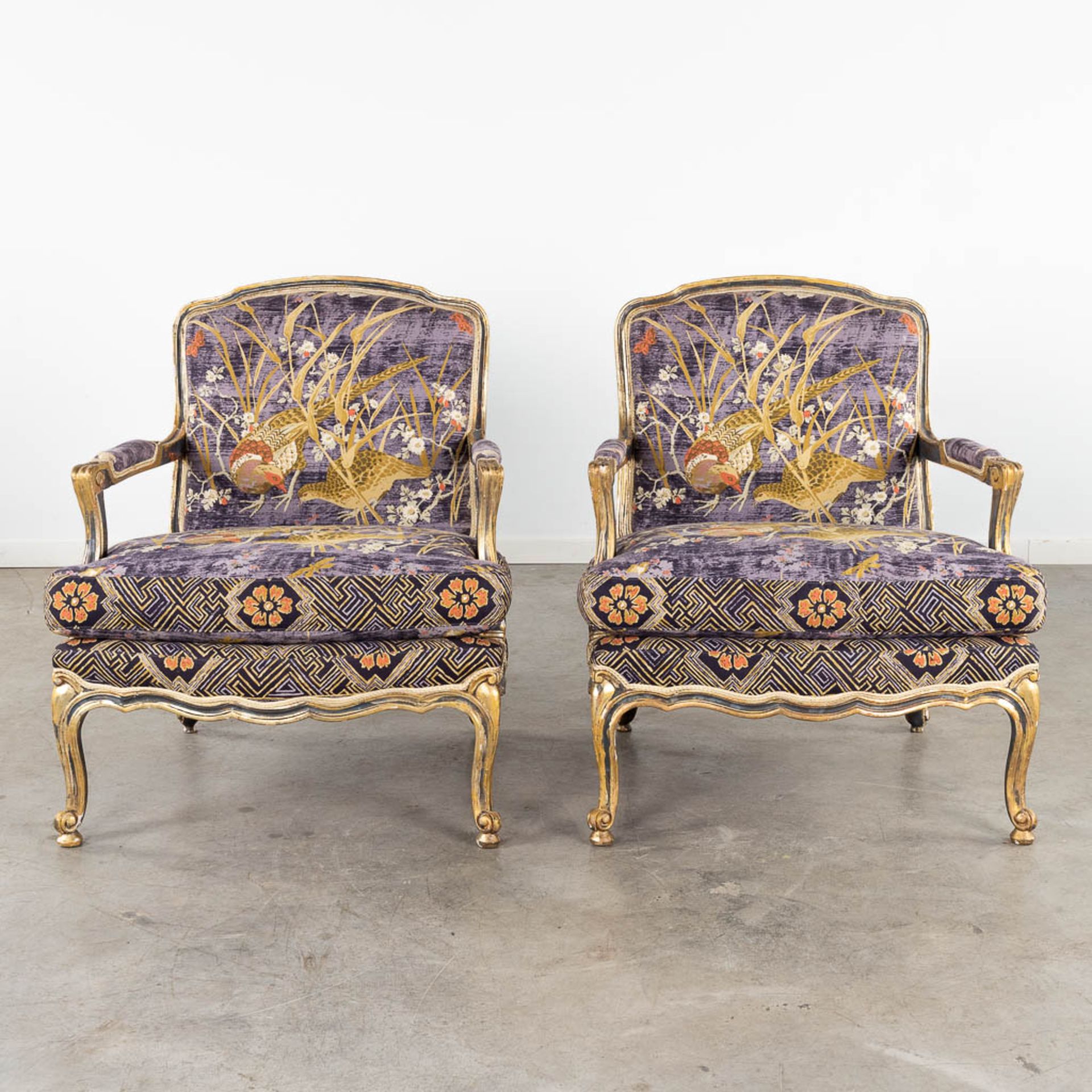 A pair of patinated Louis XV-style armchairs, fabric decorated with pheasants. (D:75 x W:75 x H:88 c - Image 3 of 15