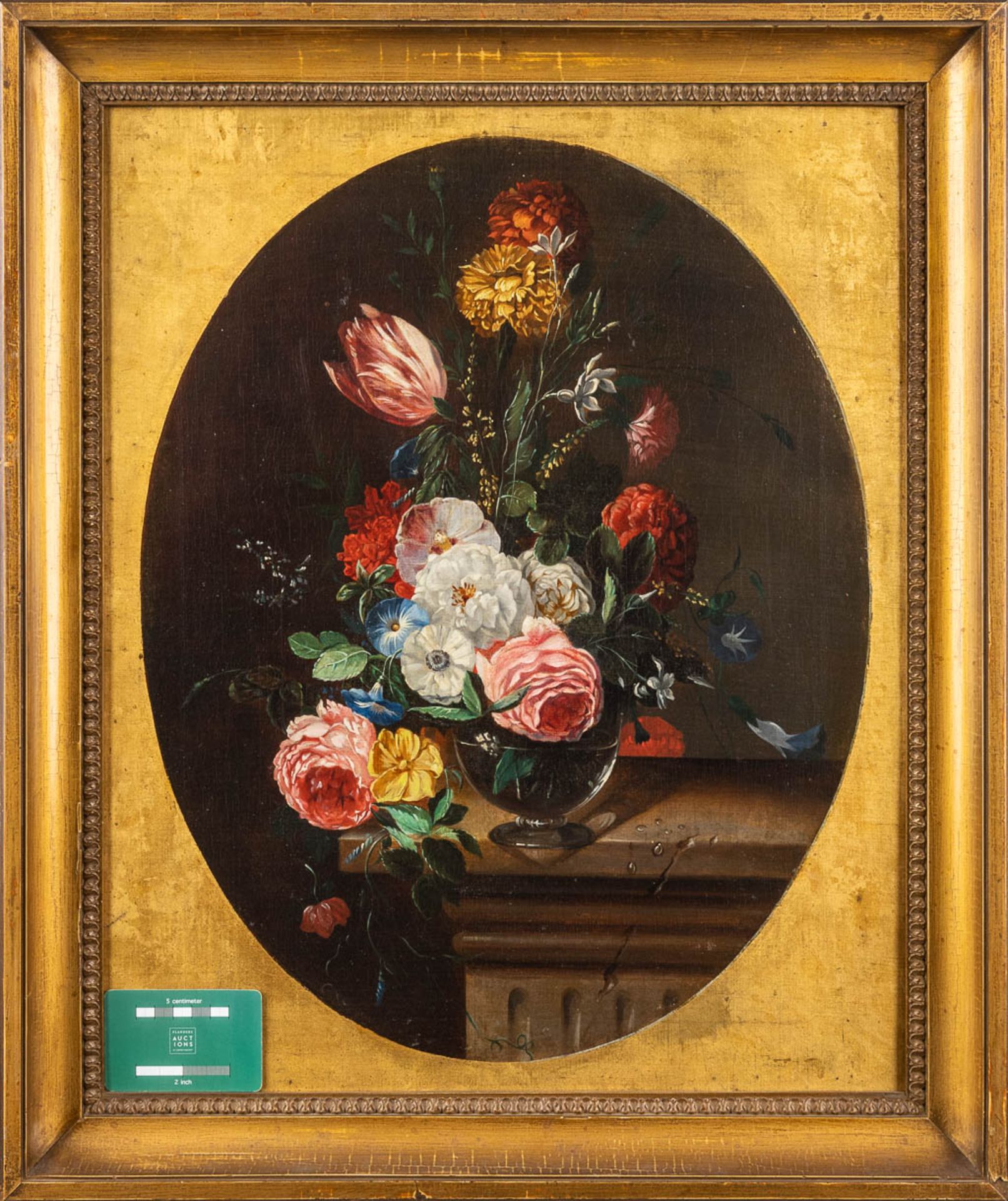 A flower still life painting, oil on canvas. 19th C. (W:44,5 x H:56 cm) - Image 2 of 7