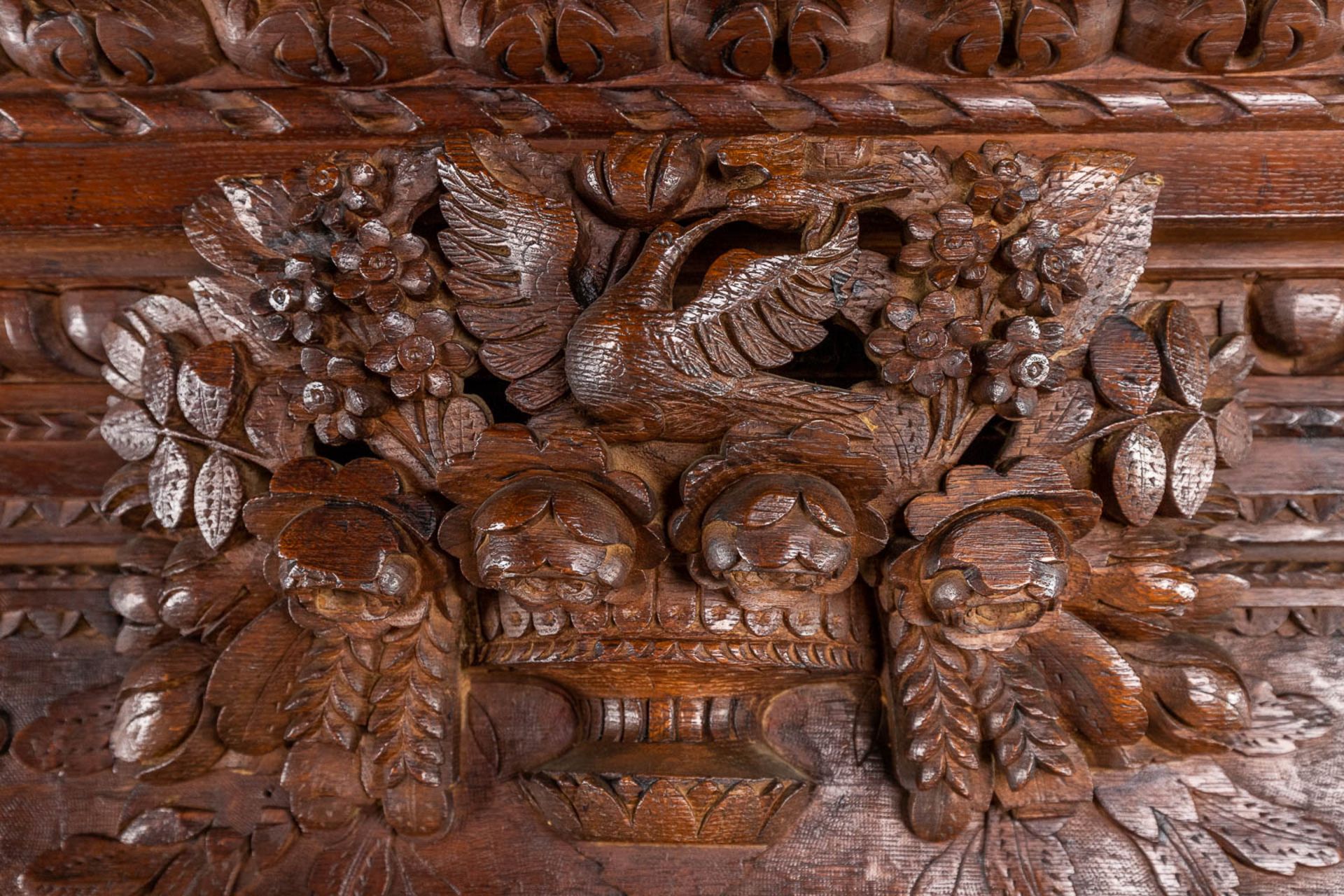 A richly sculptured and antique Normandy high cabinet, Armoire. France, 18th C. (D:68 x W:175 x H:23 - Image 15 of 21