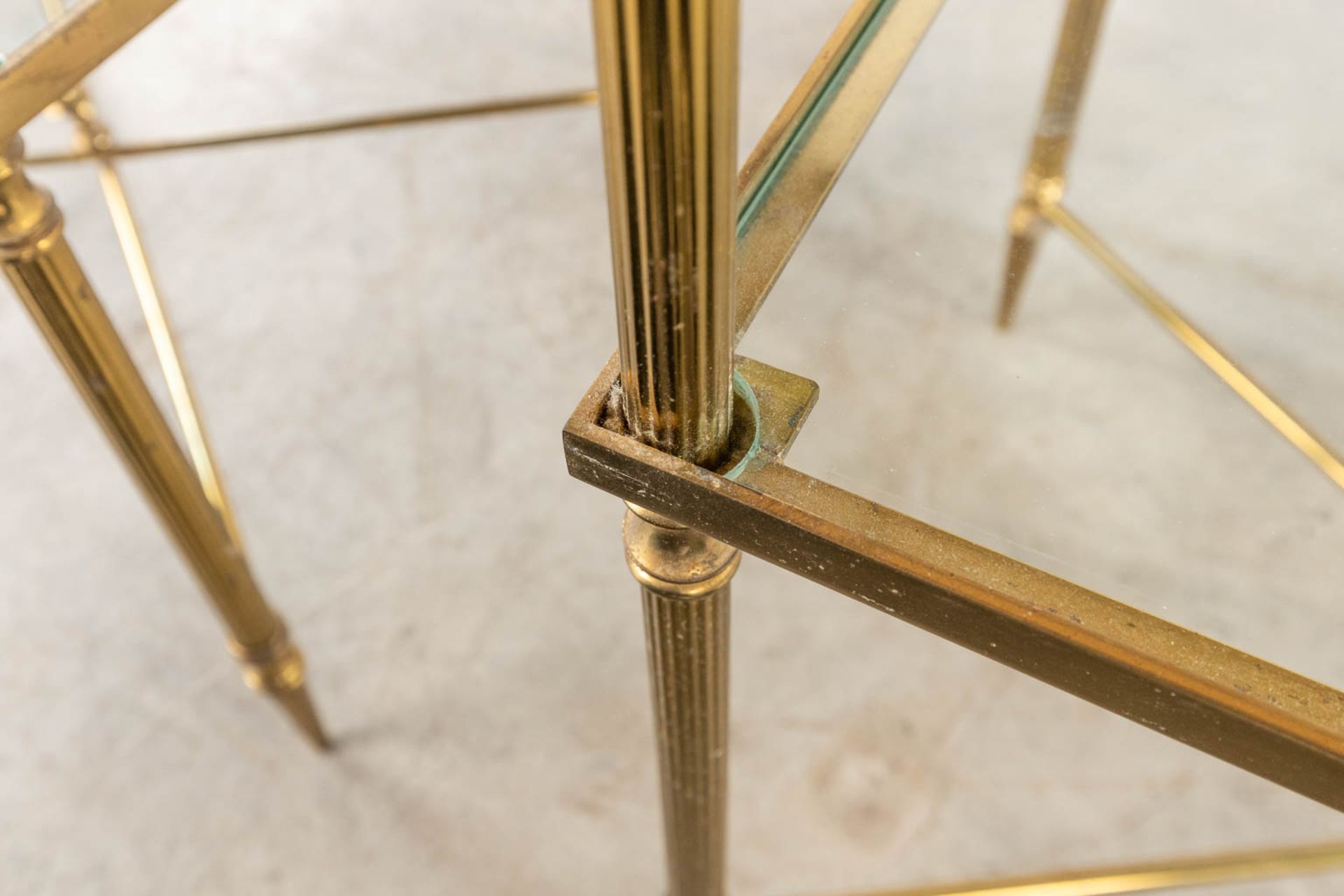 A pair of two-tier side tables, brass and glass in the style of Maison Jansen. (D:35 x W:50 x H:60 c - Image 10 of 10