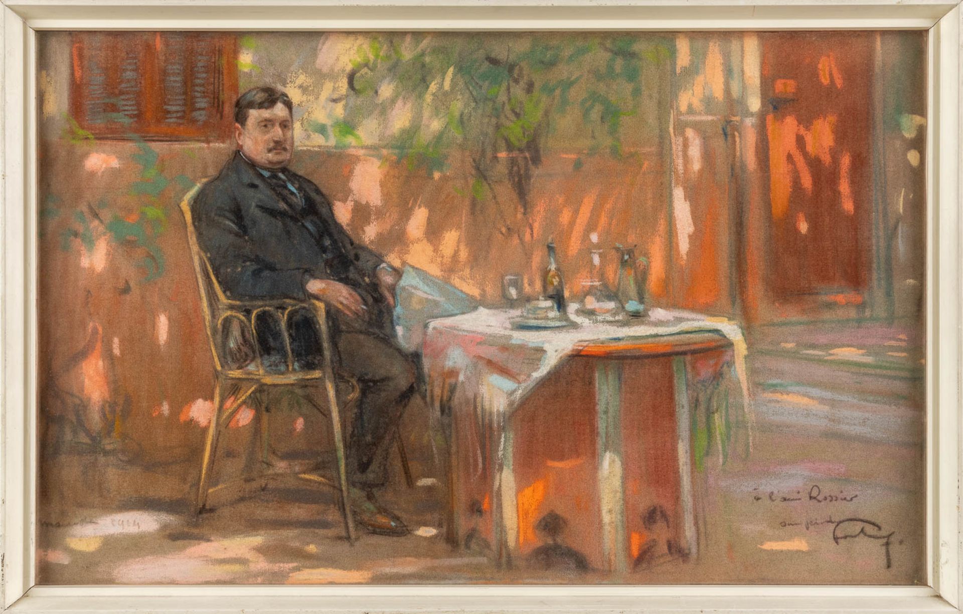 Louis FORTUNEY (1875-1951) 'Man on a terrace' gouache on paper. (W:60 x H:37 cm) - Image 3 of 7