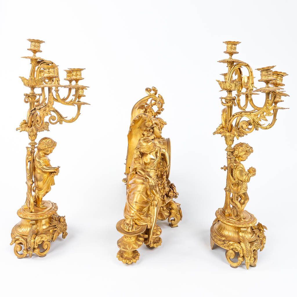A fine three-piece mantle garniture, gilt bronze, reclined lady, man and candelabra with putti, 19th - Image 15 of 18