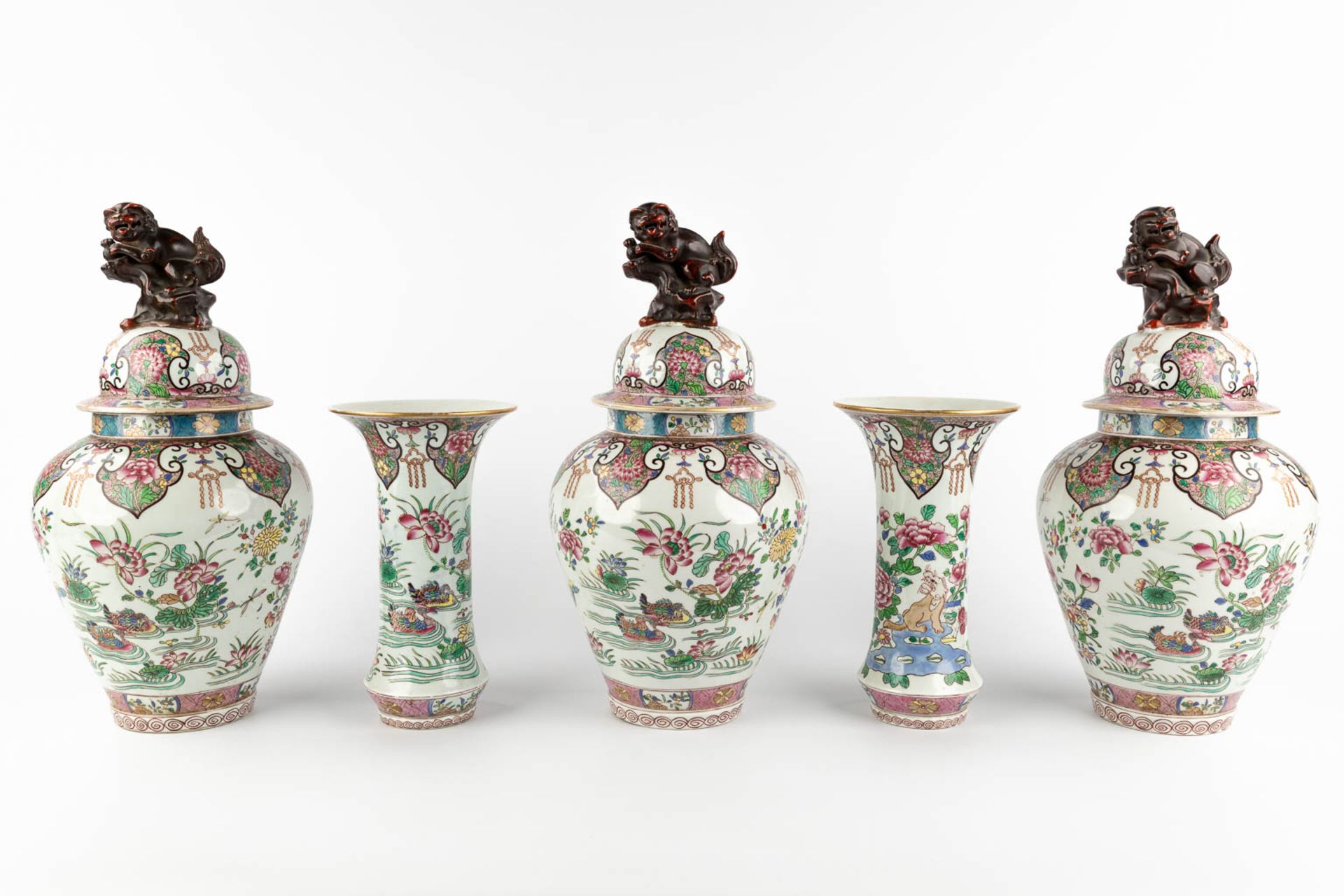 Samson, a 5-piece Kaststel, vases with lid and trumpet vases. Chinoiserie decor. (H:43 x D:21 cm) - Image 3 of 21