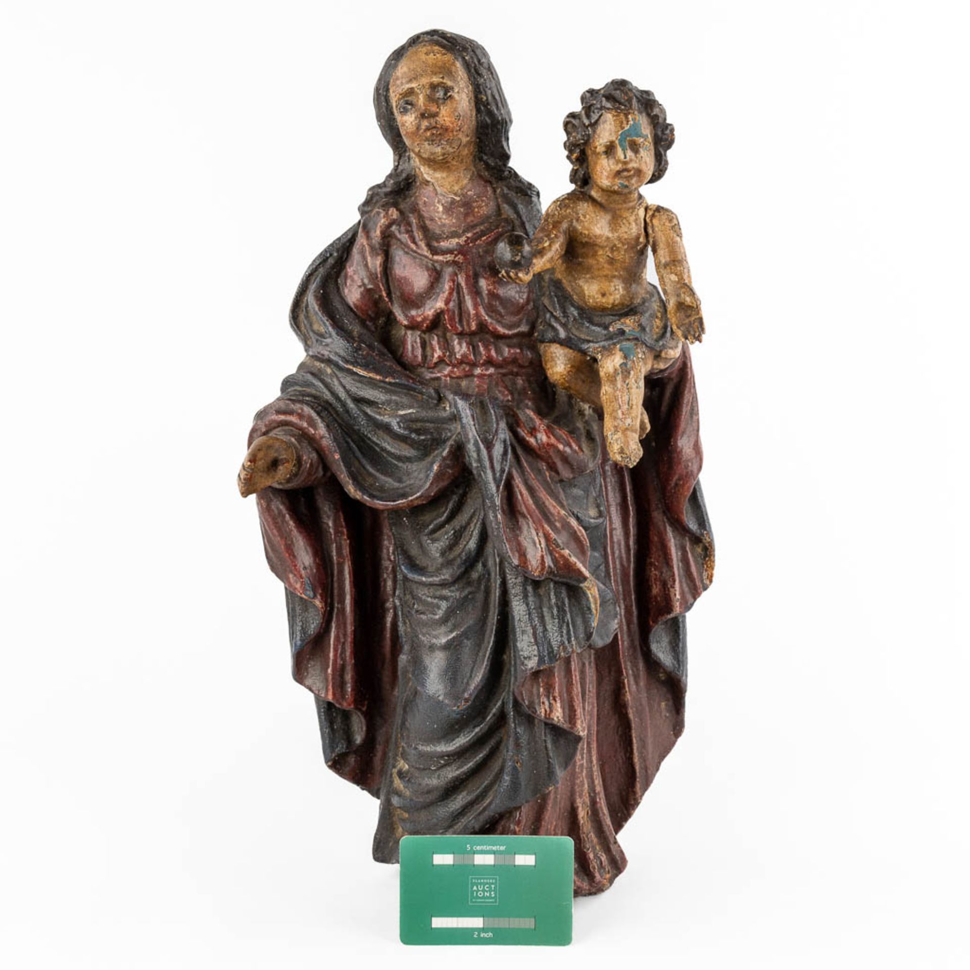 An antique figurine of Madonna with child, polychrome. 17th/18th C. (W:24 x H:46 cm) - Image 2 of 13