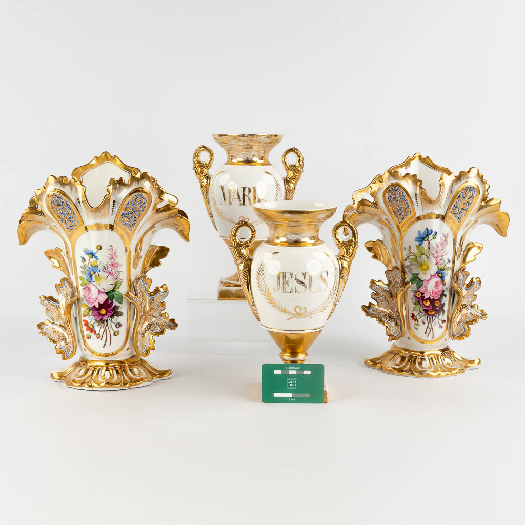 Two pairs of Vieux Bruxelles vases, polychrome porcelain with a hand-painted decor. 19th C. (D:15 x - Image 2 of 17