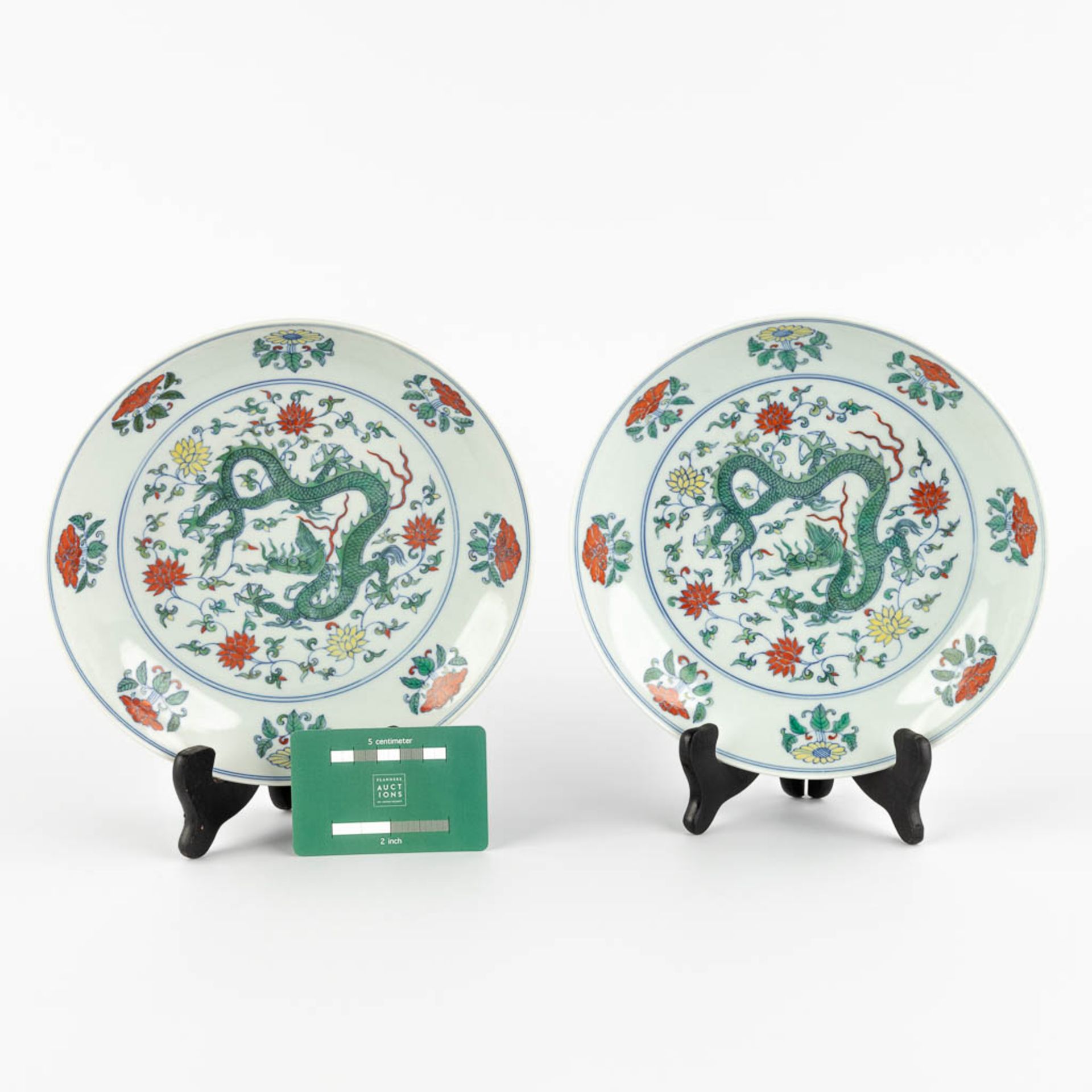 A pair of Chinese famille verte plates with a dragon decor. 20th C. (D:21 cm) - Image 2 of 11