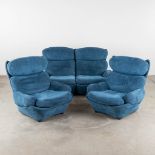 A three-piece salon suite, blue suede leather, in the style of Michel Cadestin. (D:90 x W:160 x H:11