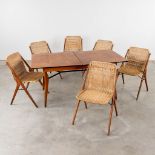 A mid-century table and 6 chairs, rotan and metal, teak wood. Circa 1960. (D:86 x W:160 x H:76 cm)