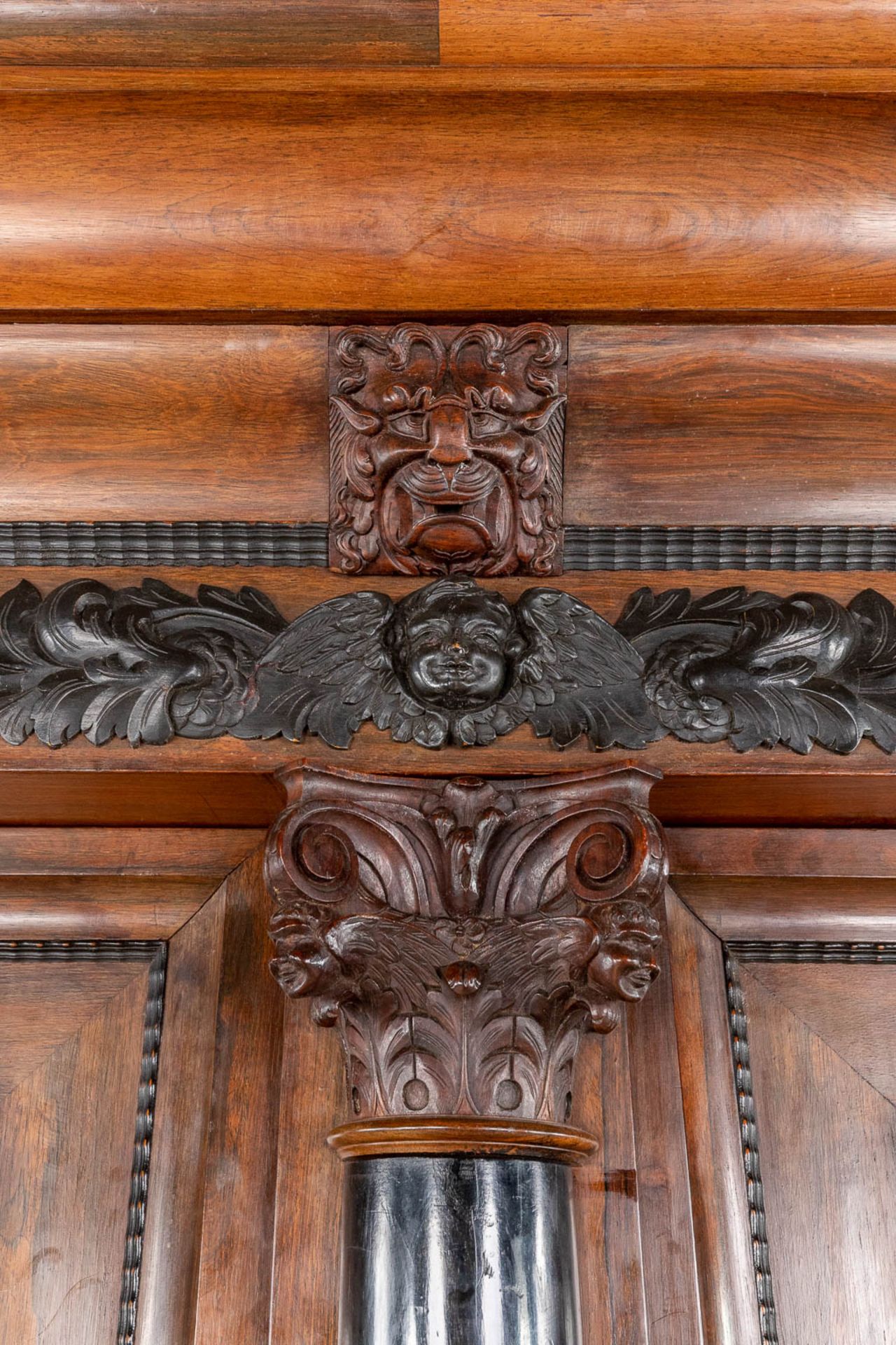 An antique Dutch two door 'Kapiteelkast', wood sculptures, oak and ebony. 18th C. (D:93 x W:223 x H: - Image 10 of 26