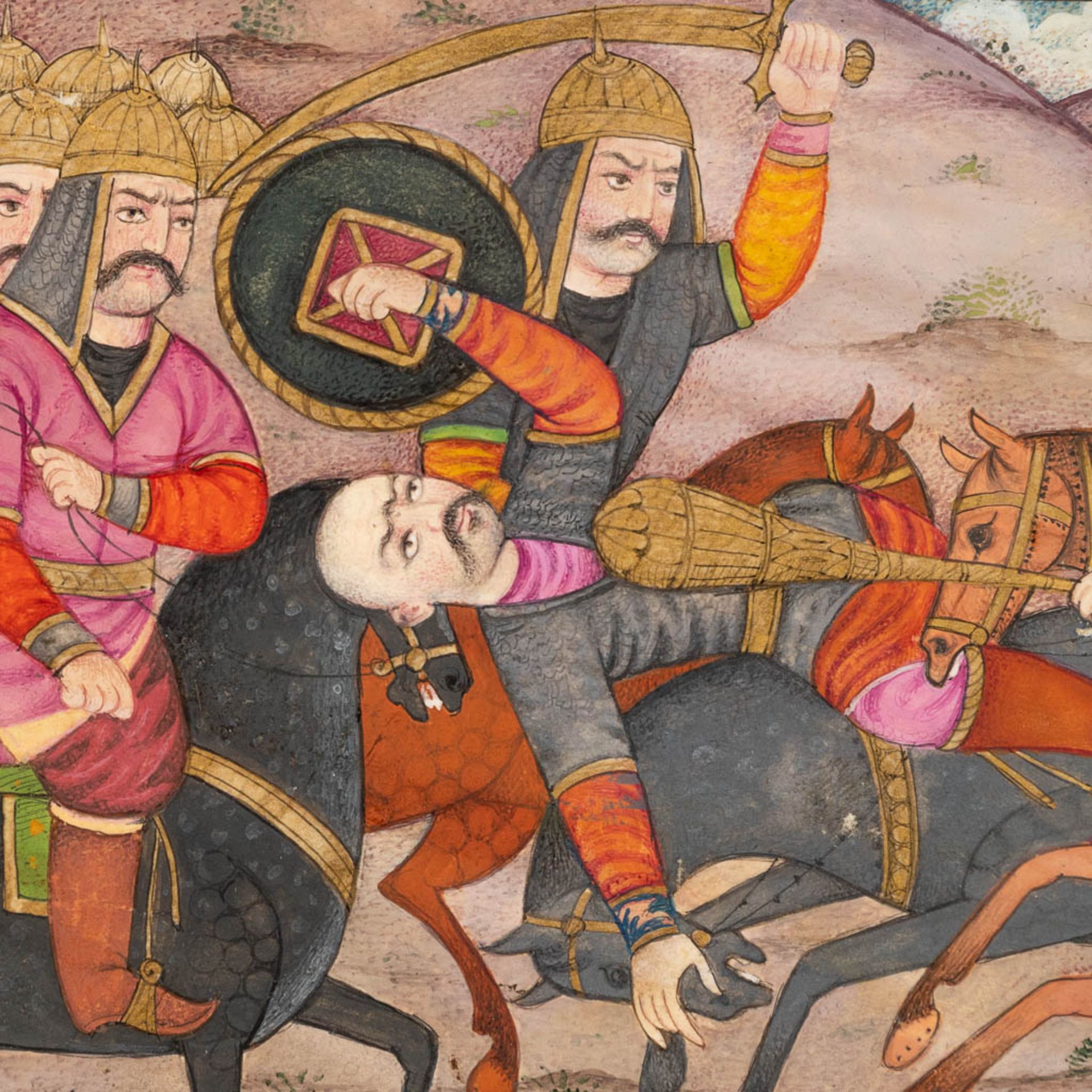 A Qajar miniature painting of the Karbala battle, Persia, 19th C. (W:25,5 x H:18 cm) - Image 2 of 7