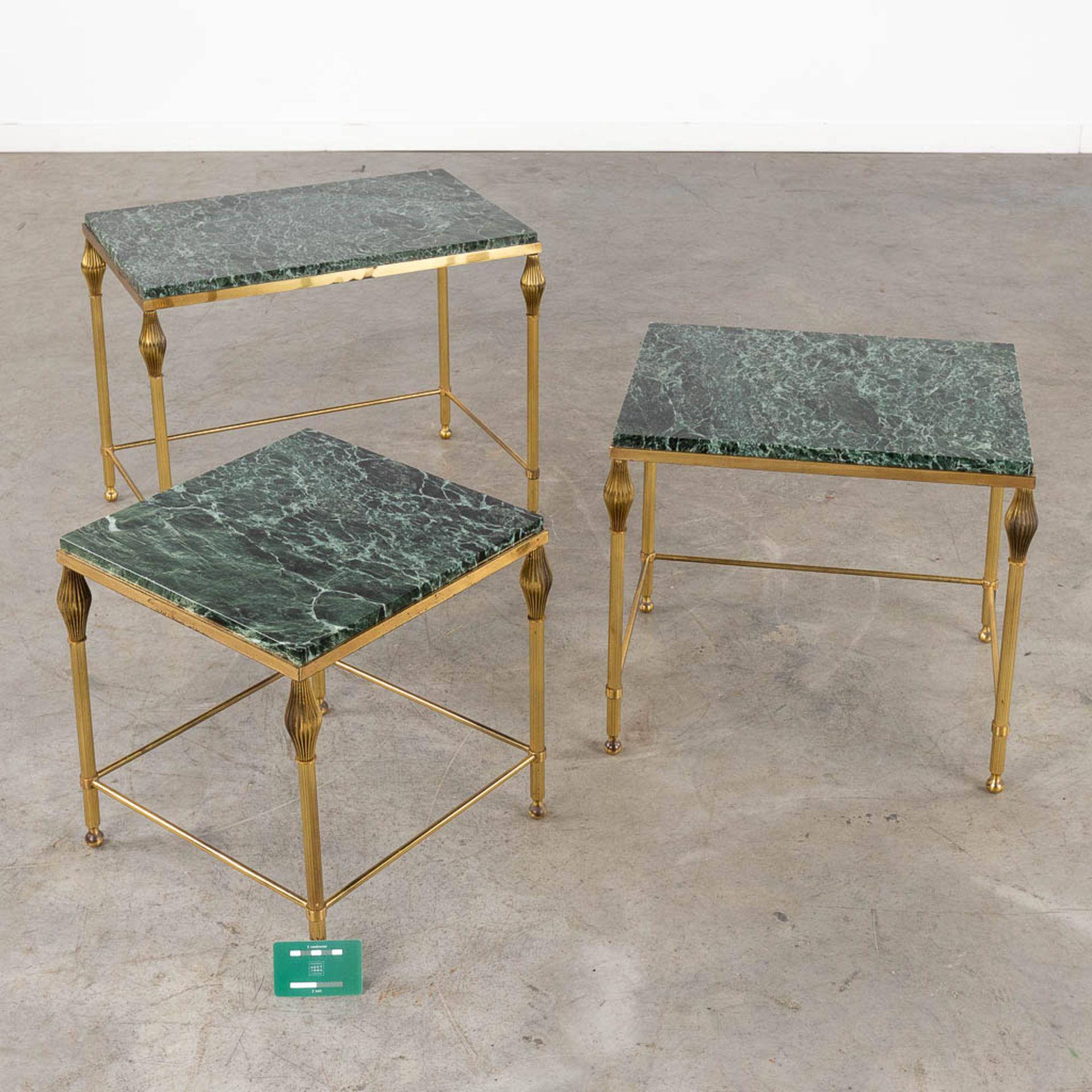 A three-piece set of nesting tables, gilt metal and a green marble. (D:37 x W:56 x H:45 cm) - Image 2 of 10