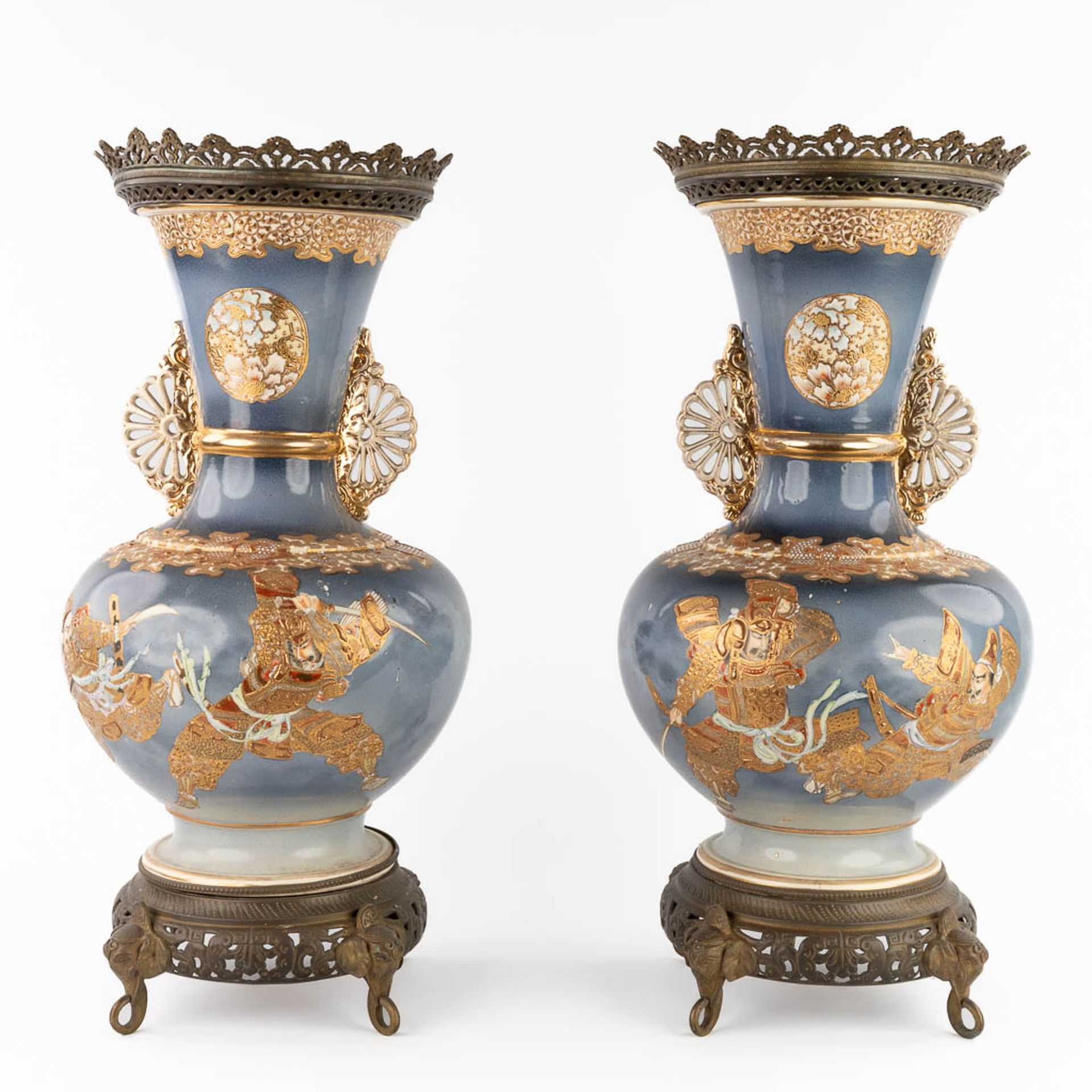 A pair of Japanese Satsuma vases, mounted with brass. Circa 1900. (H:58 x D:26 cm)