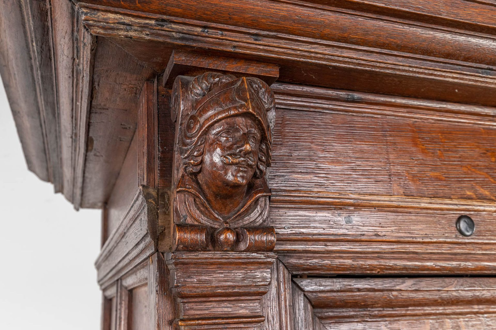 An antique four door cabinet, sculptured oak. 18th C. (D:76 x W:186 x H:216 cm) - Image 13 of 20