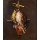 A painting 'Nature Morte with birds' oil on panel. 19th C. (W:23,5 x H:28 cm)