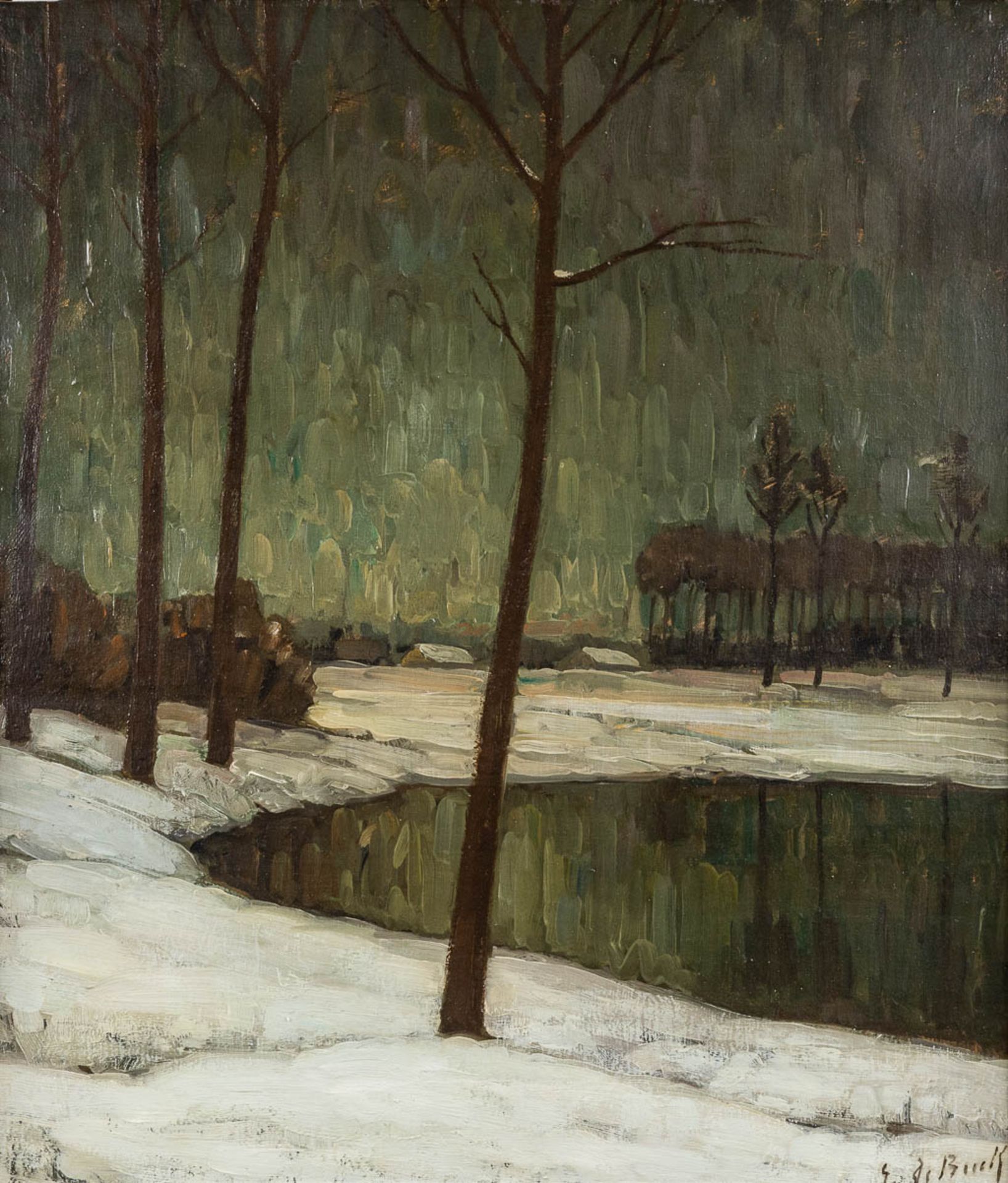 Evariste DE BUCK (1892-1974) 'Snow near the Lys' oil on canvas. (W:70 x H:80 cm)