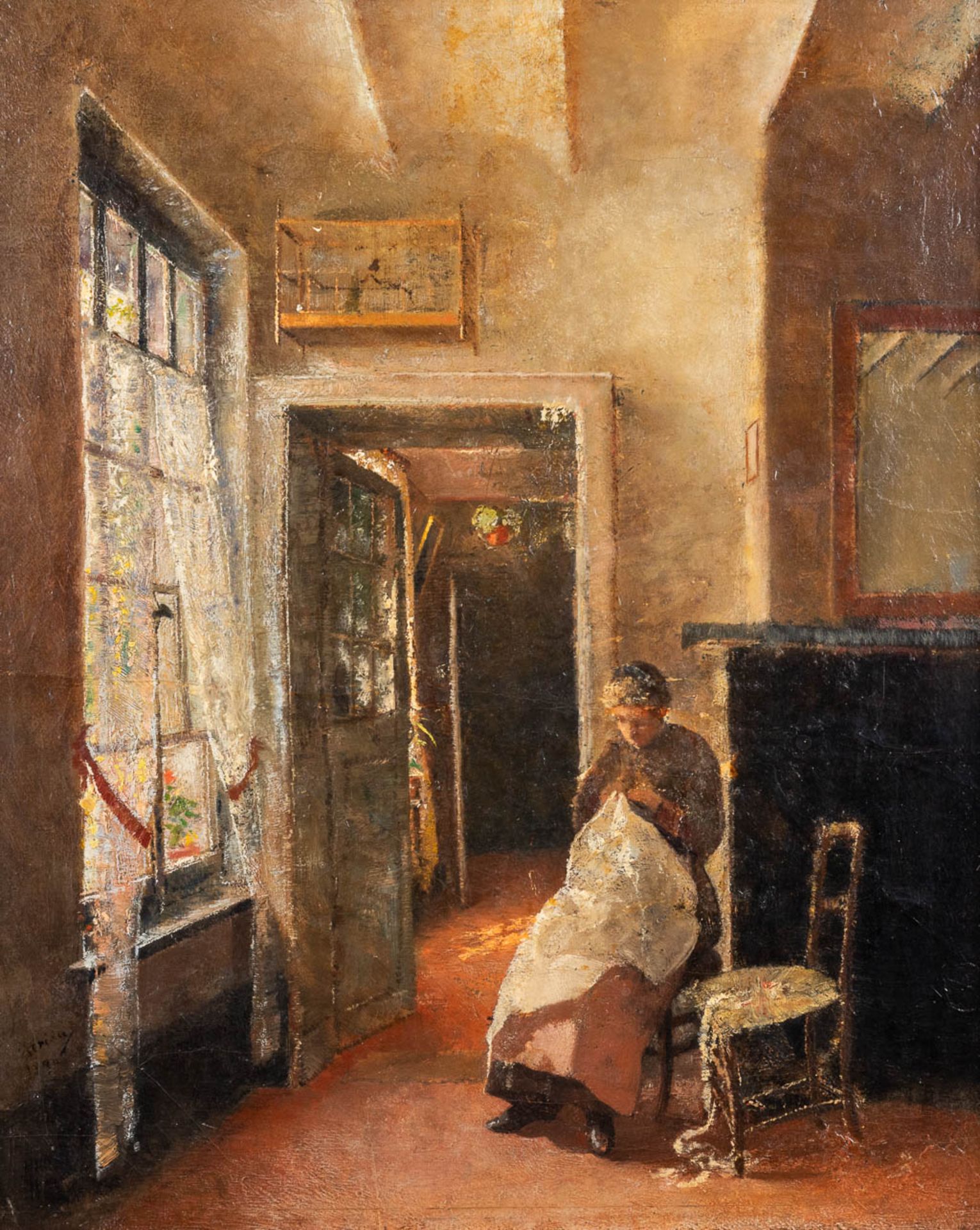 A painting, lady in an interior, oil on canvas. 19th C. (D:45 x W:37 cm)