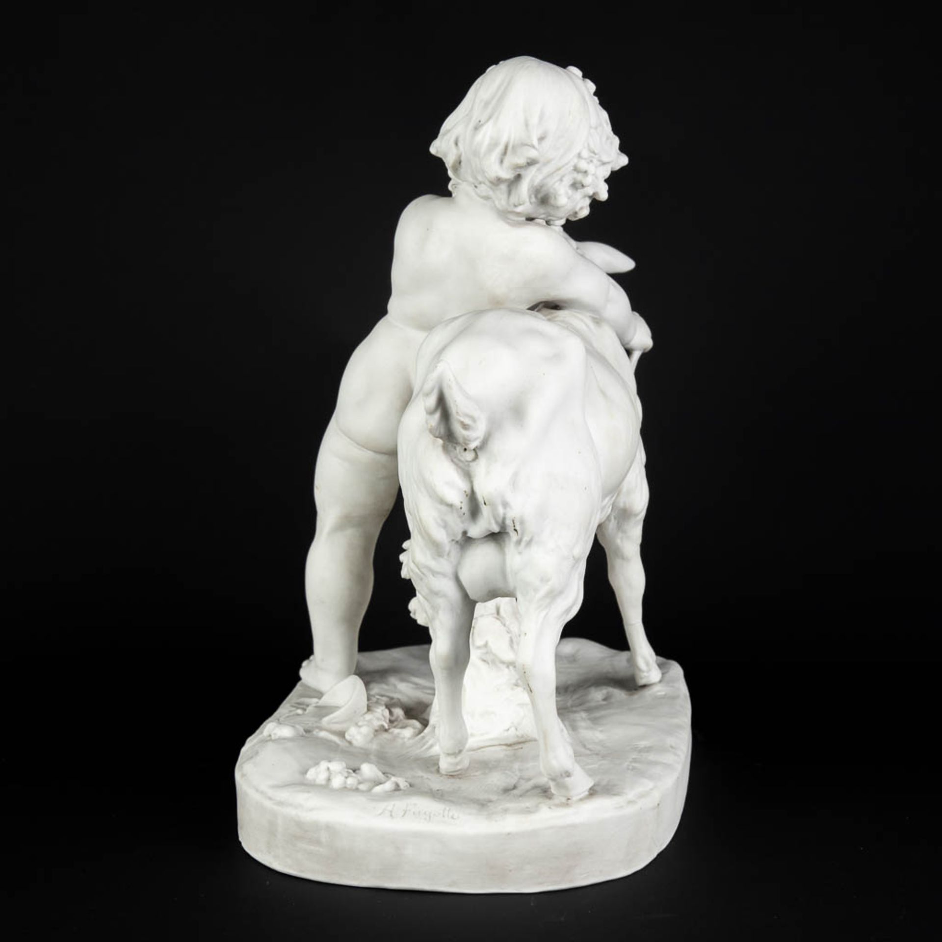 FAGOTTO (XIX-XX) 'Child with a ram' Bisque porcelain, marked Sèvres, Paris. (D:19 x W:33 x H:32 cm) - Image 5 of 12