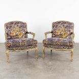 A pair of patinated Louis XV-style armchairs, fabric decorated with pheasants. (D:75 x W:75 x H:88 c