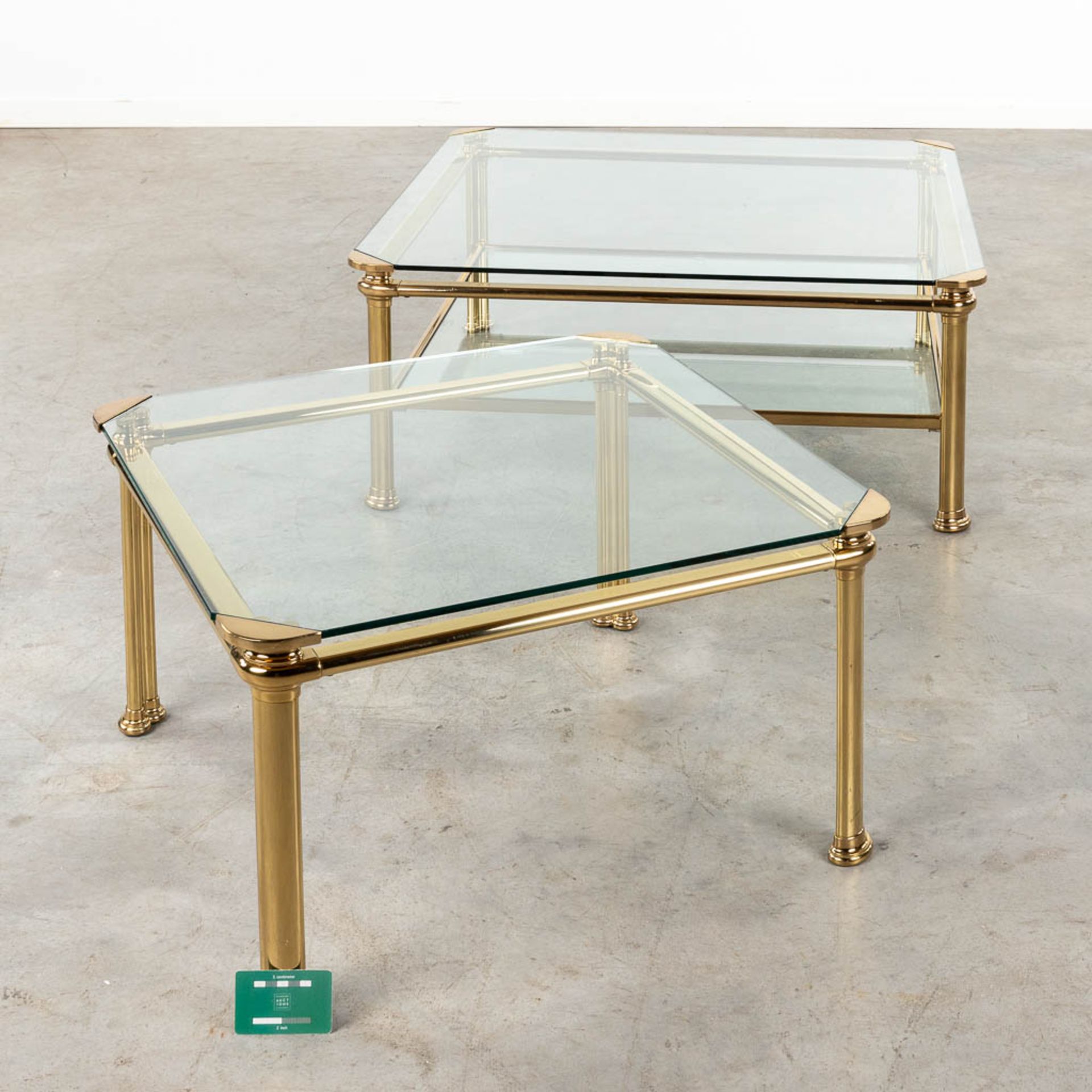 A large and small coffee table, brass and glass. Signed Mara. Circa 1980. (D:90 x W:90 x H:38 cm) - Image 2 of 6