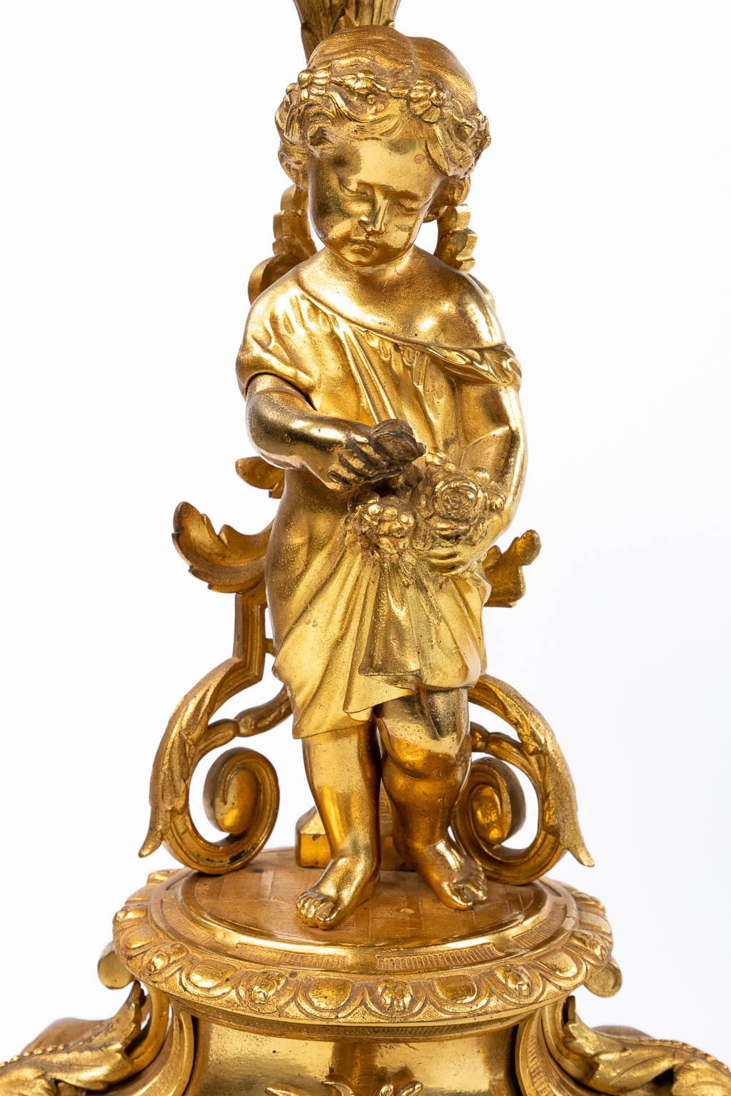 A fine three-piece mantle garniture, gilt bronze, reclined lady, man and candelabra with putti, 19th - Image 3 of 18