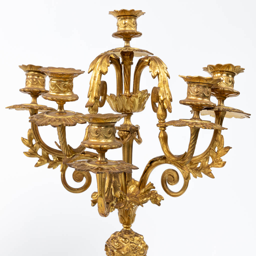 A fine three-piece mantle garniture, gilt bronze, reclined lady, man and candelabra with putti, 19th - Image 8 of 18