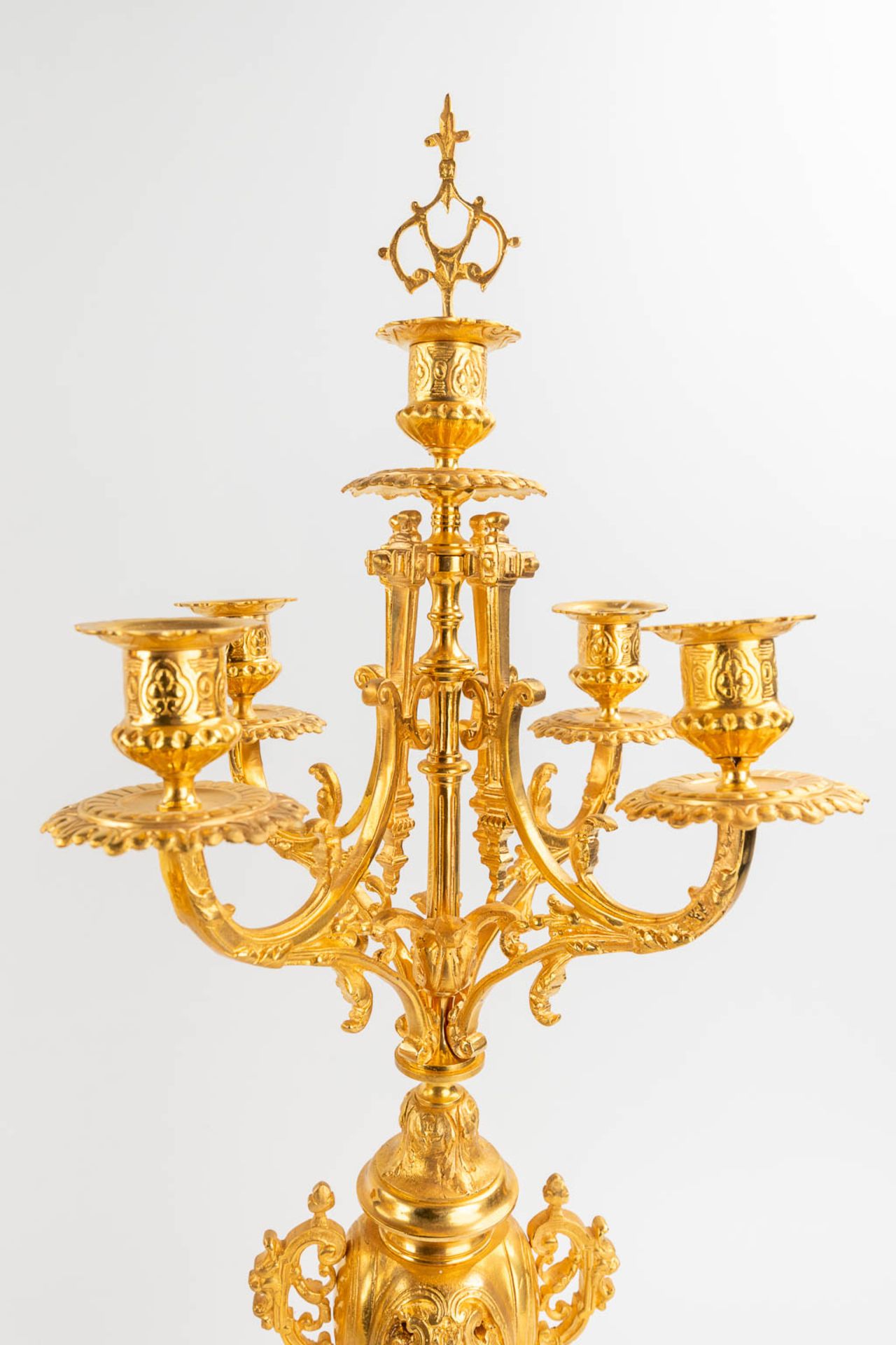 A three-piece mantle garniture clock and candelabra, gilt bronze in Louis XV style. 19th C. (D:28 x - Image 9 of 16