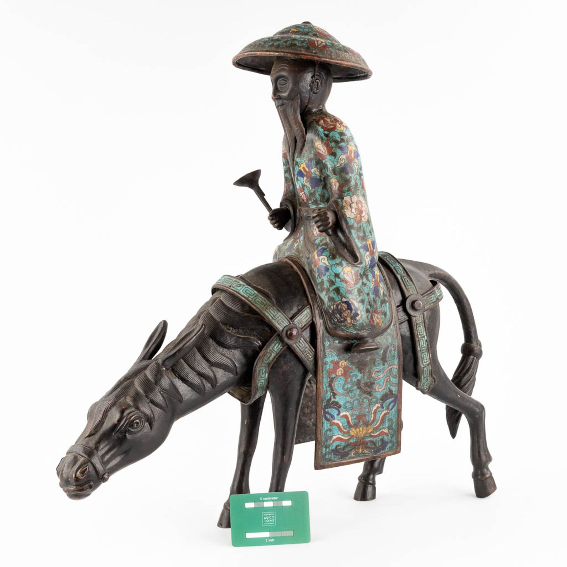 A Japanese figure of Lao Zi seated on a mule, Champslevé bronze. Possibly Meji period. (D:18 x W:55  - Bild 2 aus 12