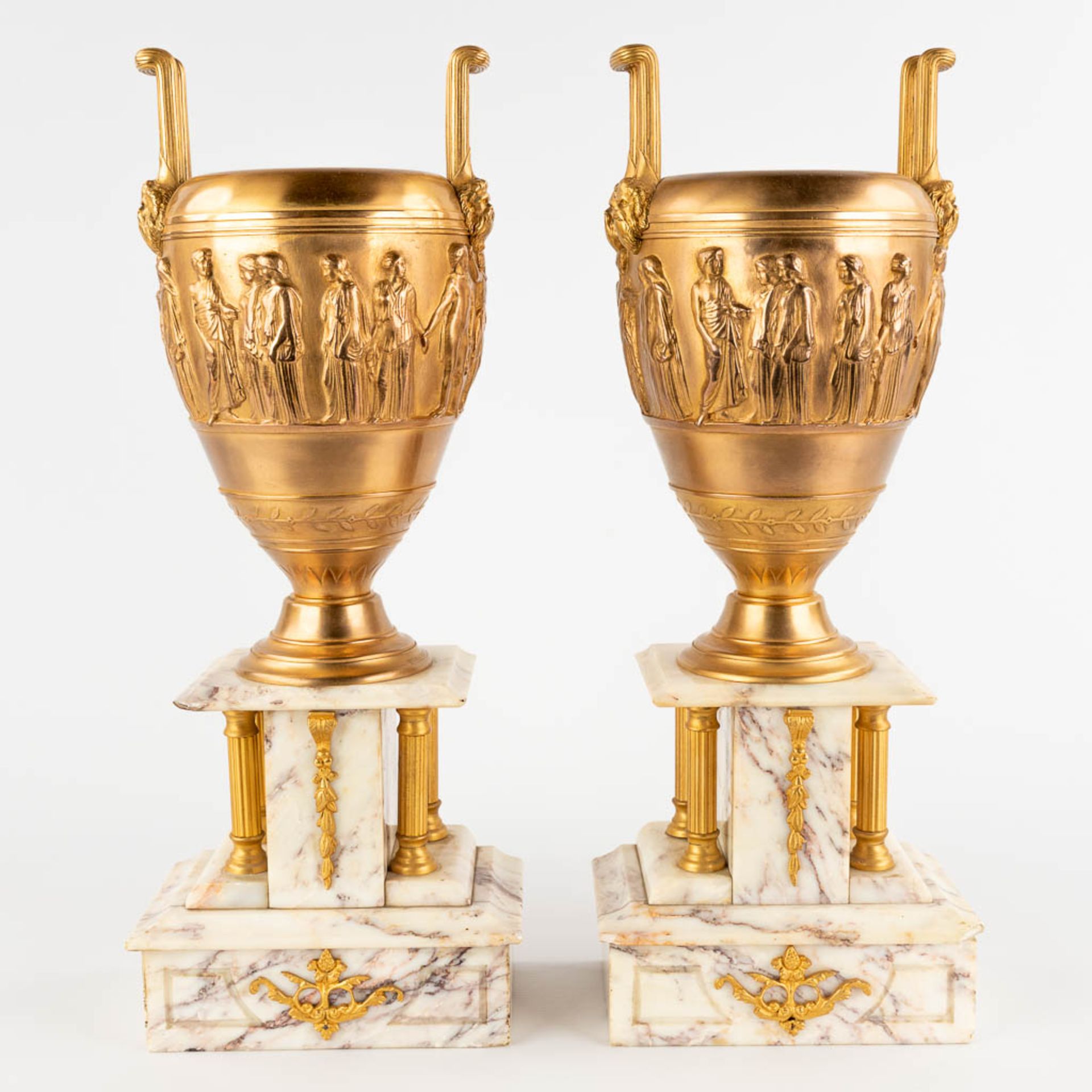 Ferdinand BARBEDIENNE (1810-1892) 'Neoclassical Cassolettes' gilt bronze on marble. (D:12 x W:18 x H - Image 3 of 18