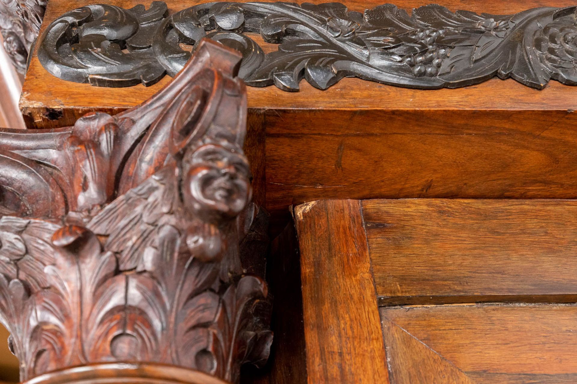 An antique Dutch two door 'Kapiteelkast', wood sculptures, oak and ebony. 18th C. (D:93 x W:223 x H: - Image 17 of 26