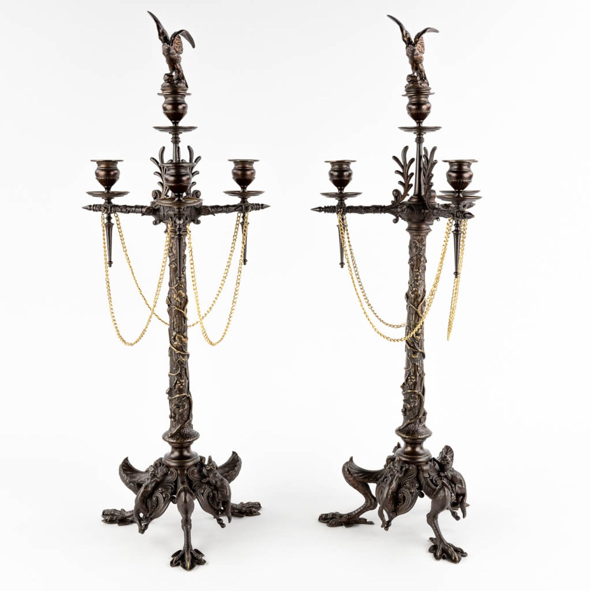 Jules MOIGNIEZ (1835-1894) 'Candelabra with birds and foxes' patinated bronze. (H:72 x D:24 cm) - Image 4 of 14