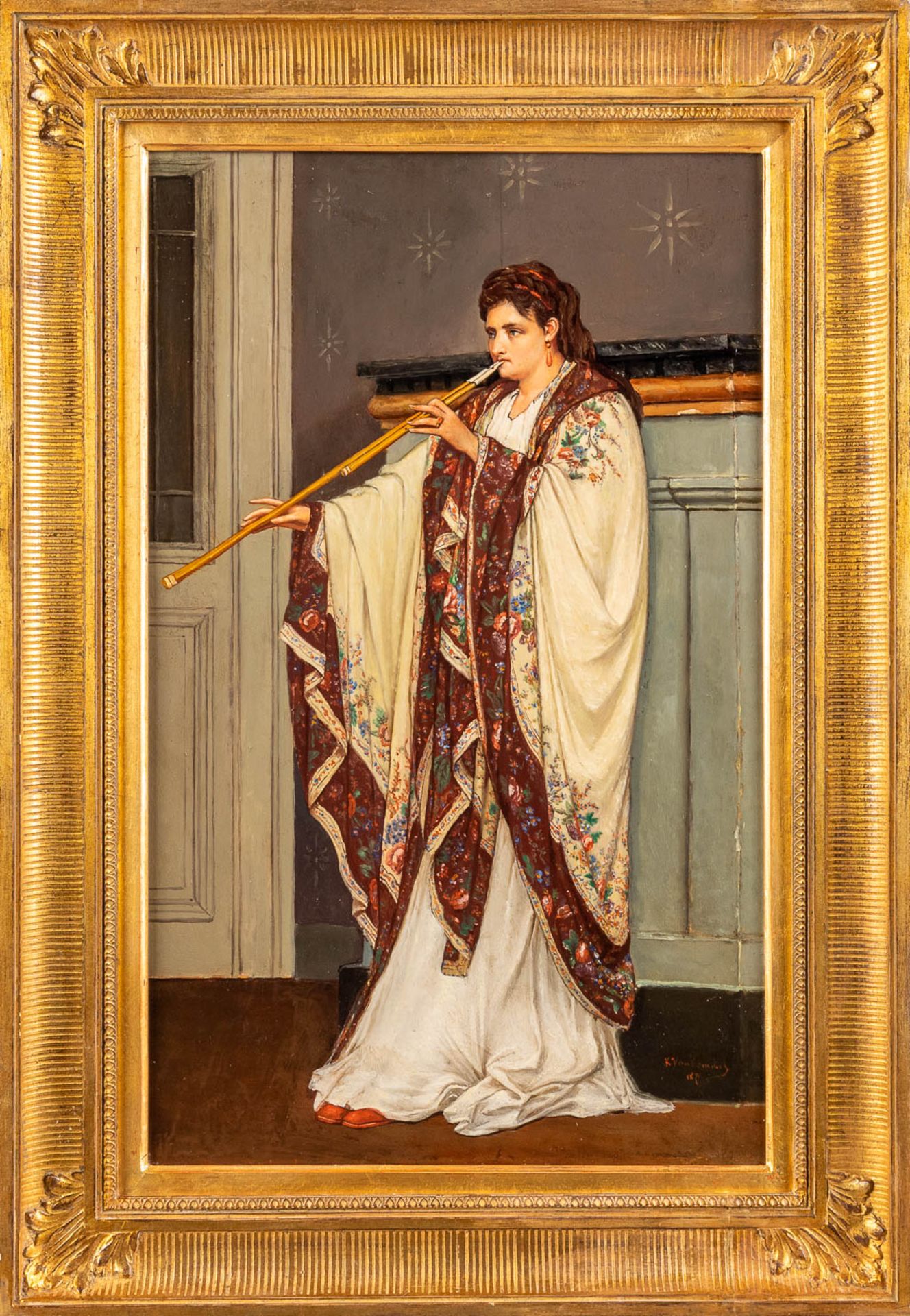 Karel VAN KEMMEL (1834-1885) 'Lady with a flute' oil on panel. 1870 (W:39 x H:59 cm) - Image 3 of 9