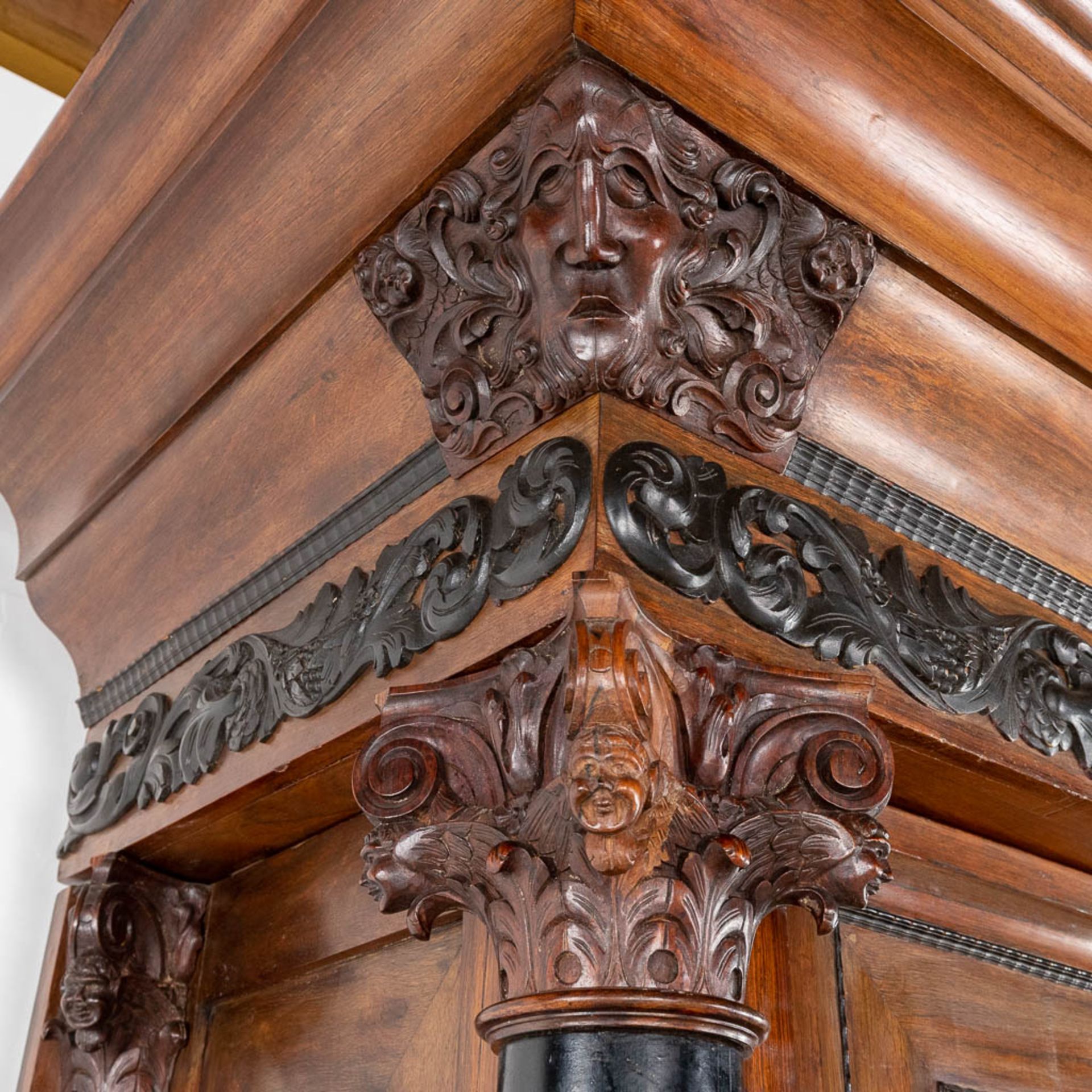 An antique Dutch two door 'Kapiteelkast', wood sculptures, oak and ebony. 18th C. (D:93 x W:223 x H: - Image 12 of 26