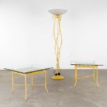 Two coffee tables and a standing lamp, yellow patinated metal. 20th C. (D:70 x W:70 x H:51 cm)