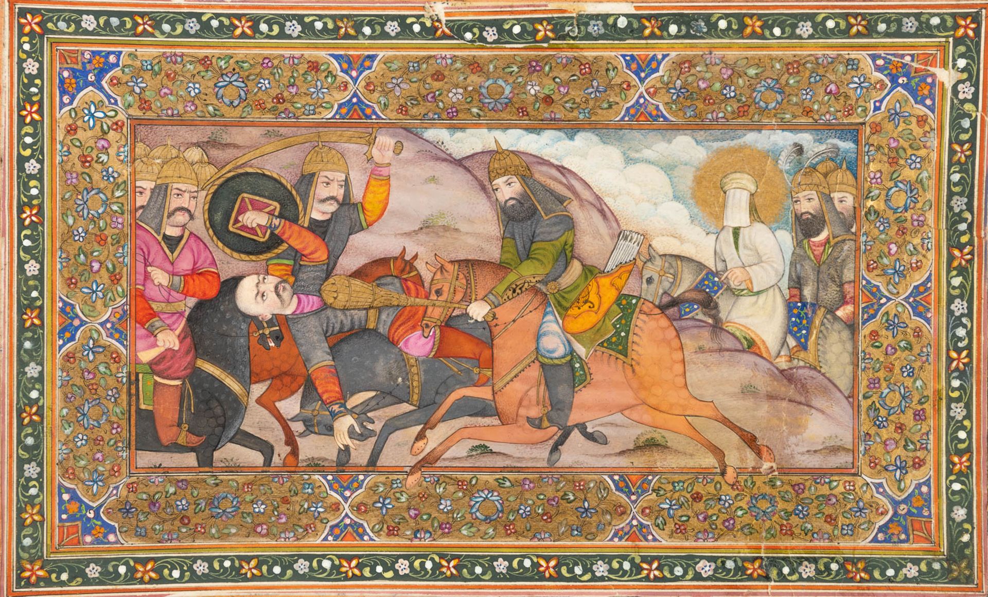 A Qajar miniature painting of the Karbala battle, Persia, 19th C. (W:25,5 x H:18 cm)