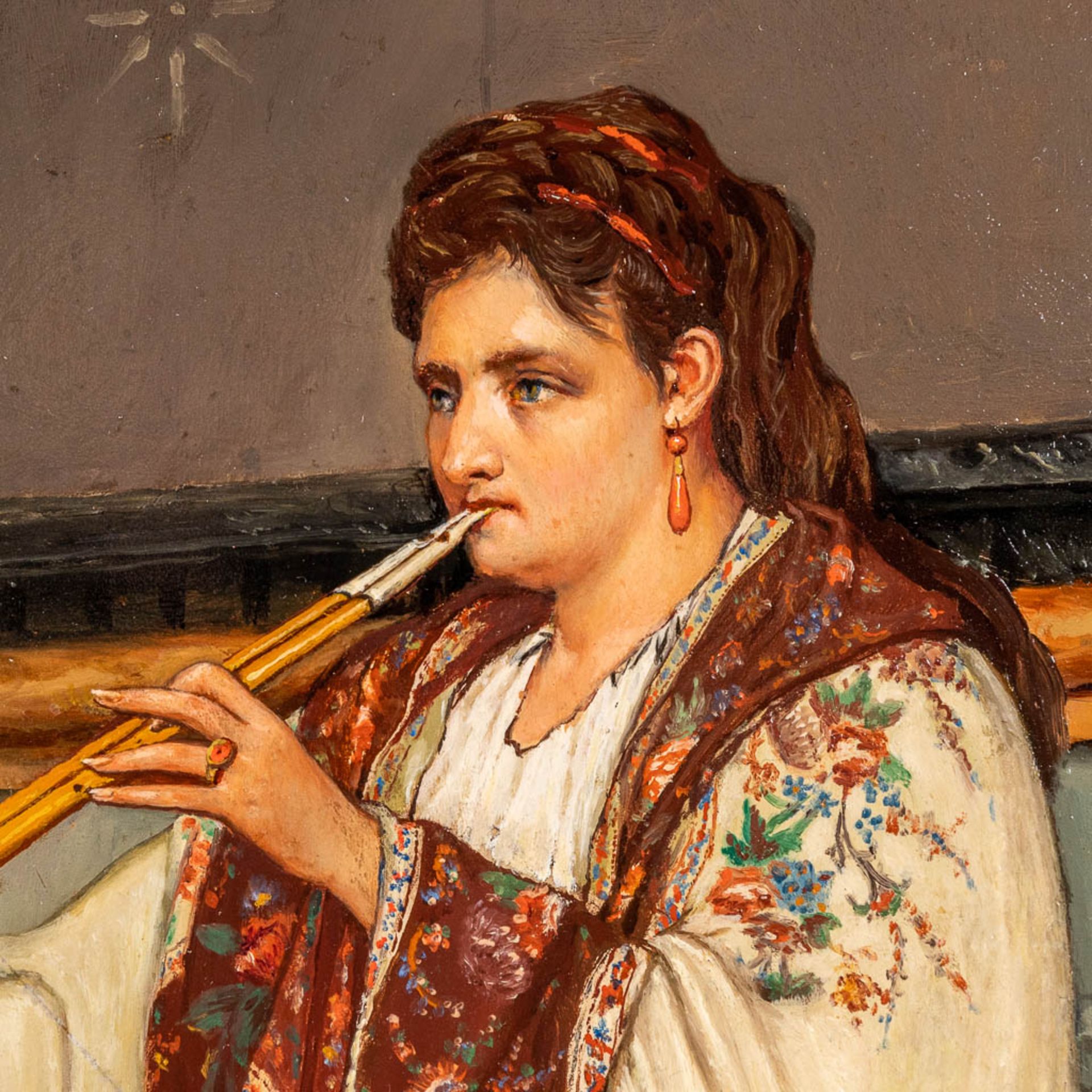 Karel VAN KEMMEL (1834-1885) 'Lady with a flute' oil on panel. 1870 (W:39 x H:59 cm) - Image 4 of 9