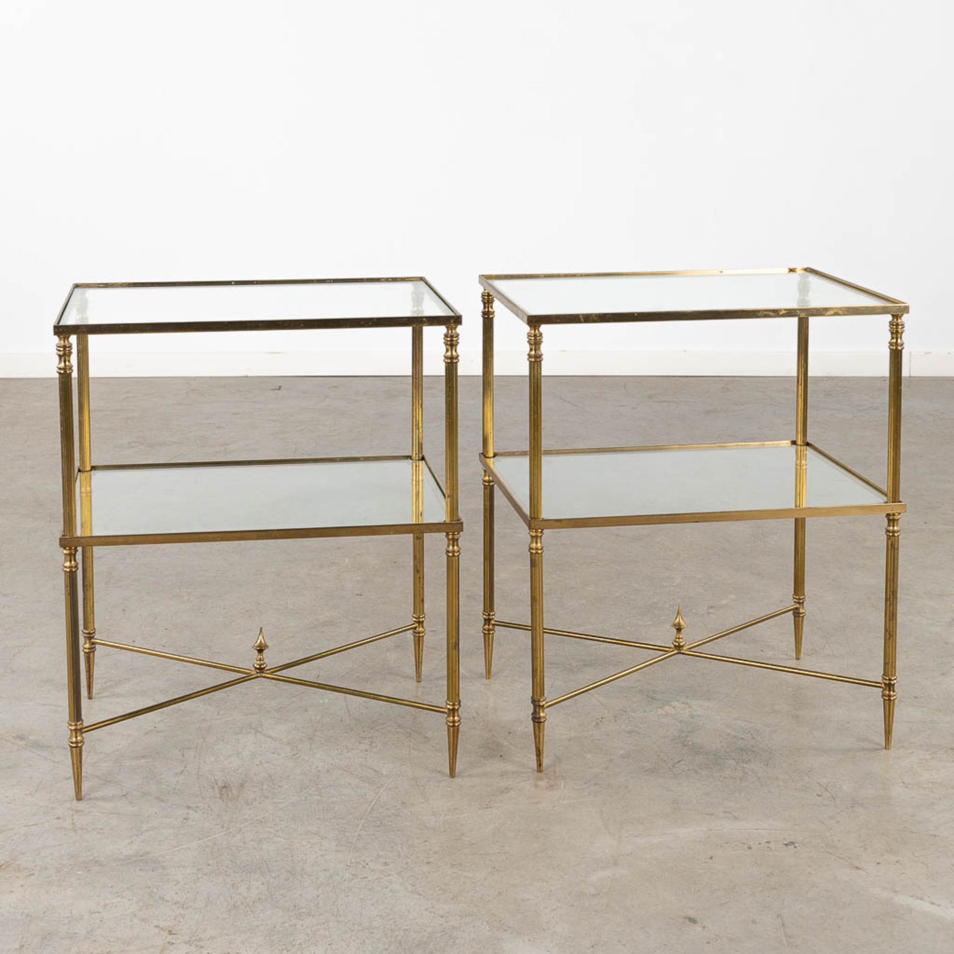 A pair of two-tier side tables, brass and glass in the style of Maison Jansen. (D:35 x W:50 x H:60 c - Image 5 of 10