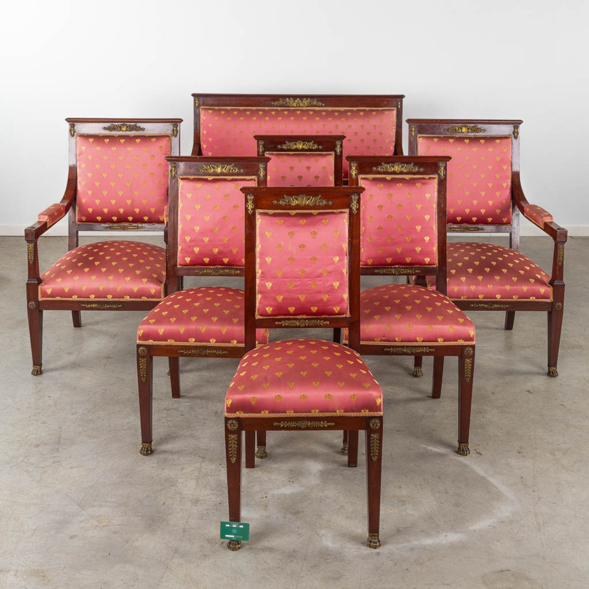 A fine 7-piece salon suite, Empire style, mahogany mounted with bronze. (D:60 x W:130 x H:100 cm) - Image 2 of 25