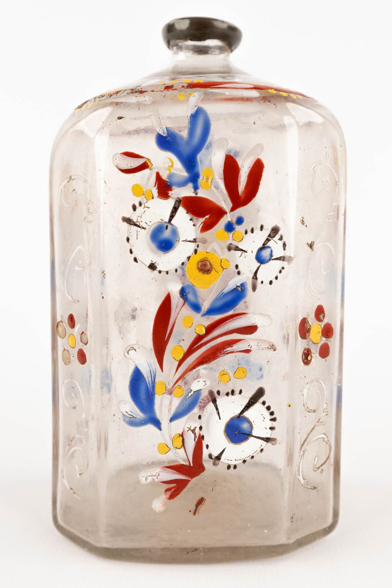 Two antique enamel hand-painted glass bottles, 17th/18th C. (H:13 cm) - Image 12 of 13