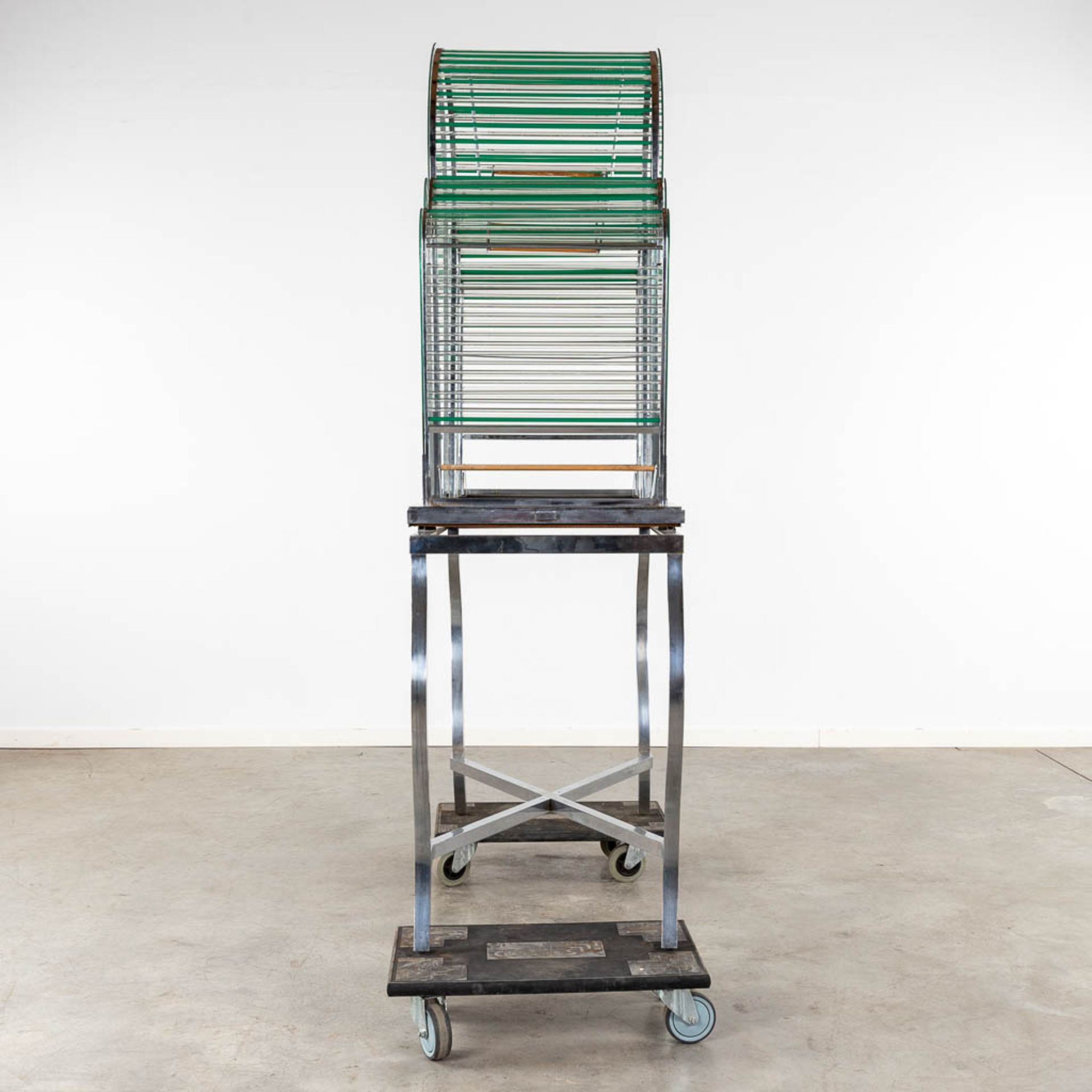 A large birdcage, chrome and glass, circa 1950. (D:53 x W:128 x H:186 cm) - Image 7 of 12
